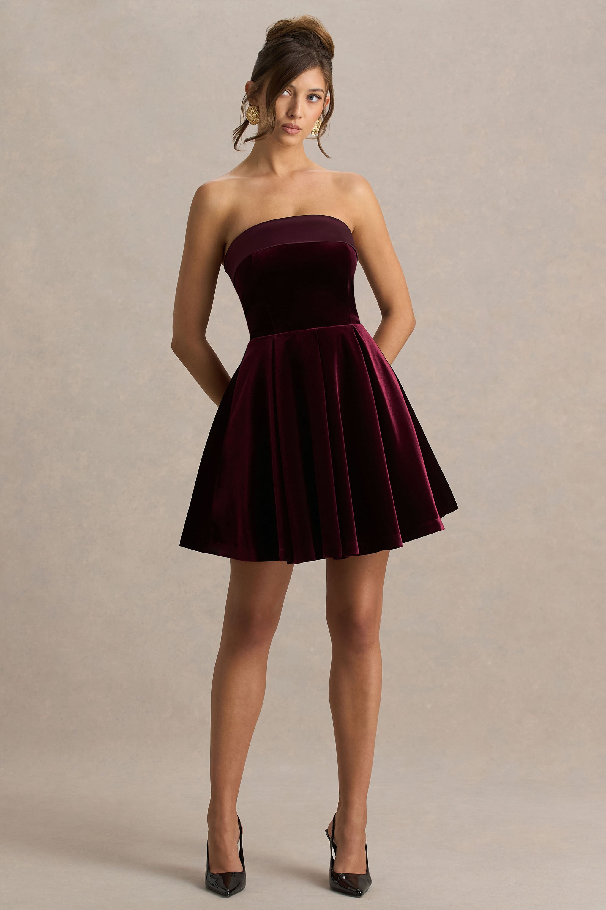 Mina | Burgundy Velvet And Satin Bandeau Skater Mini Dress – Club