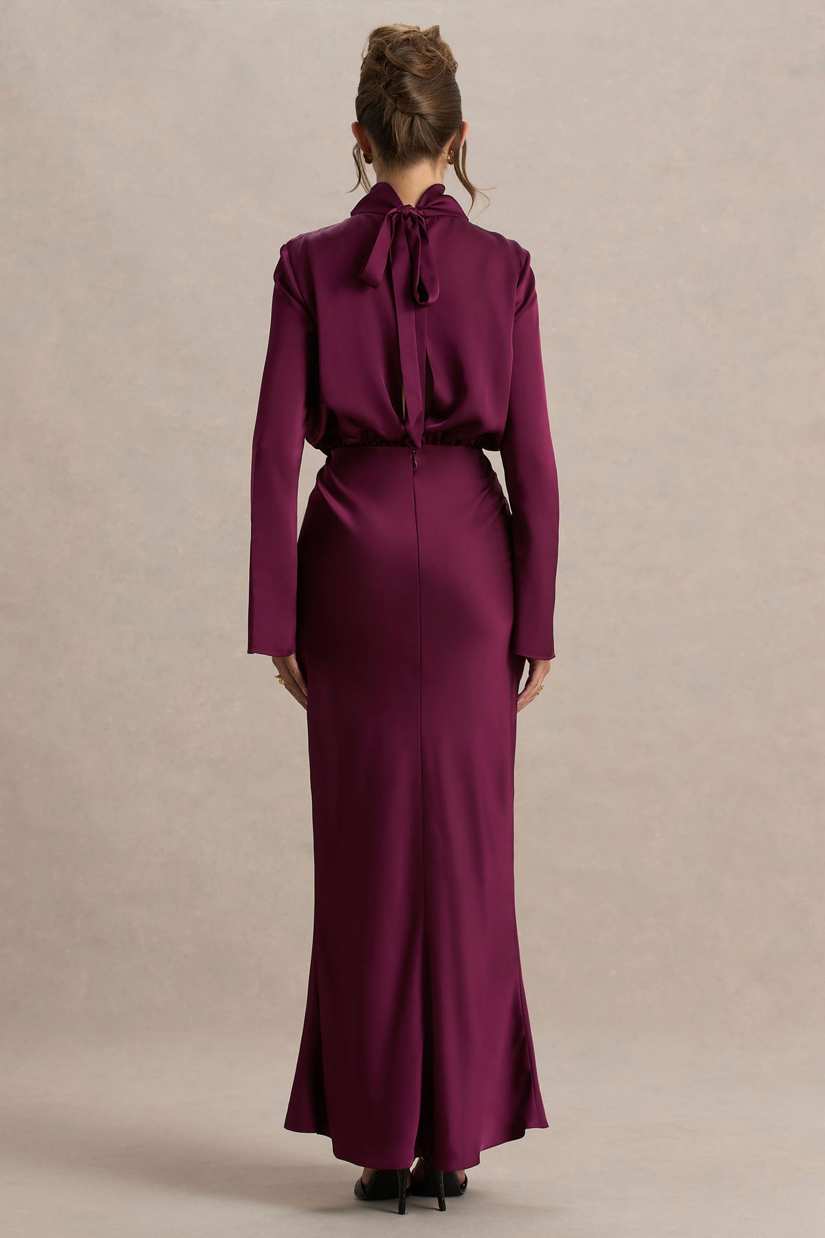 Celina Burgundy Satin High-Neck Maxi Dress Club L London - USA Celina Burgundy Satin High-Neck Maxi Dress Club L London - USA