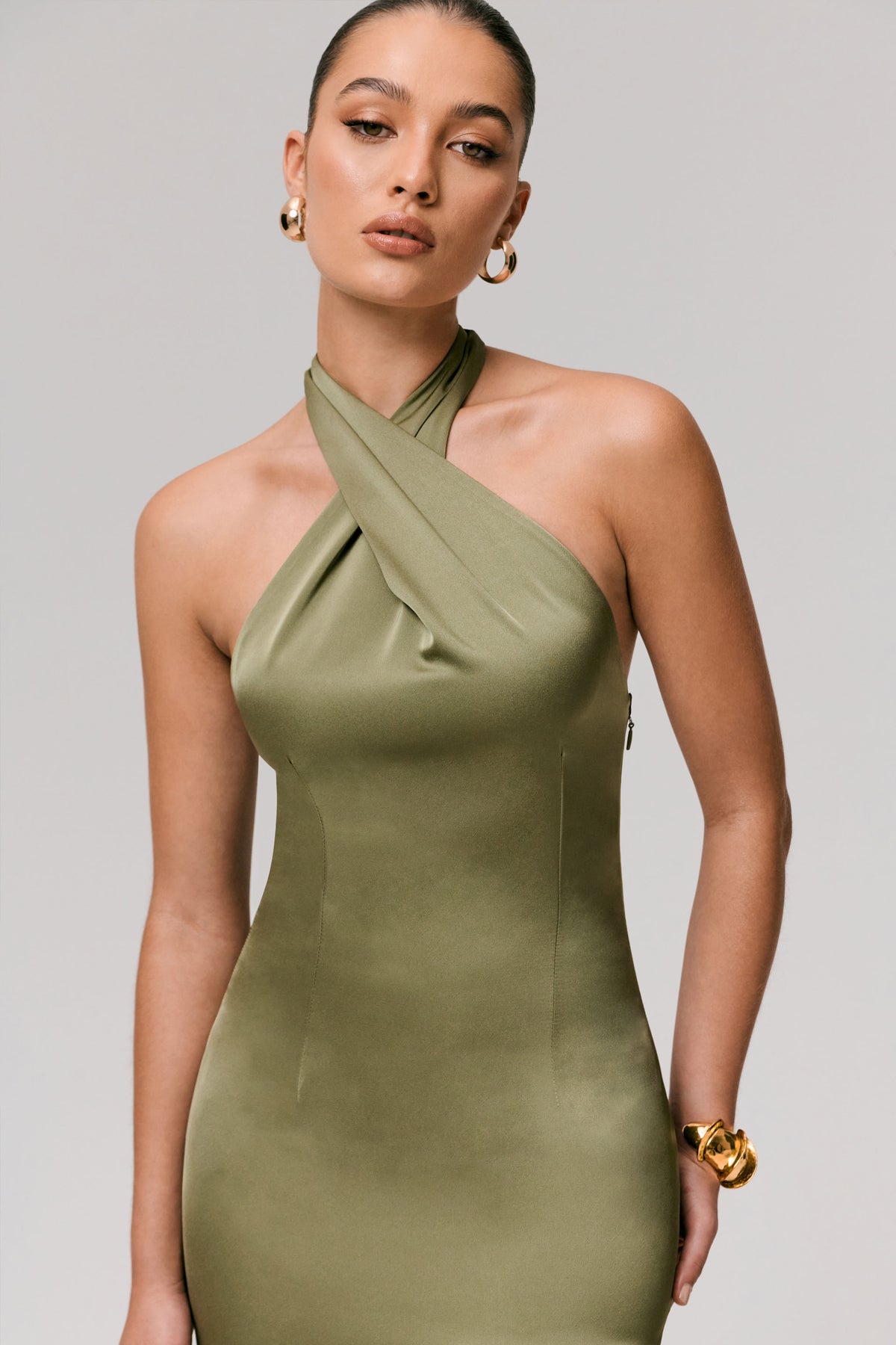 Sansa | Khaki Satin Cross Halter-Neck Plisse Maxi Dress