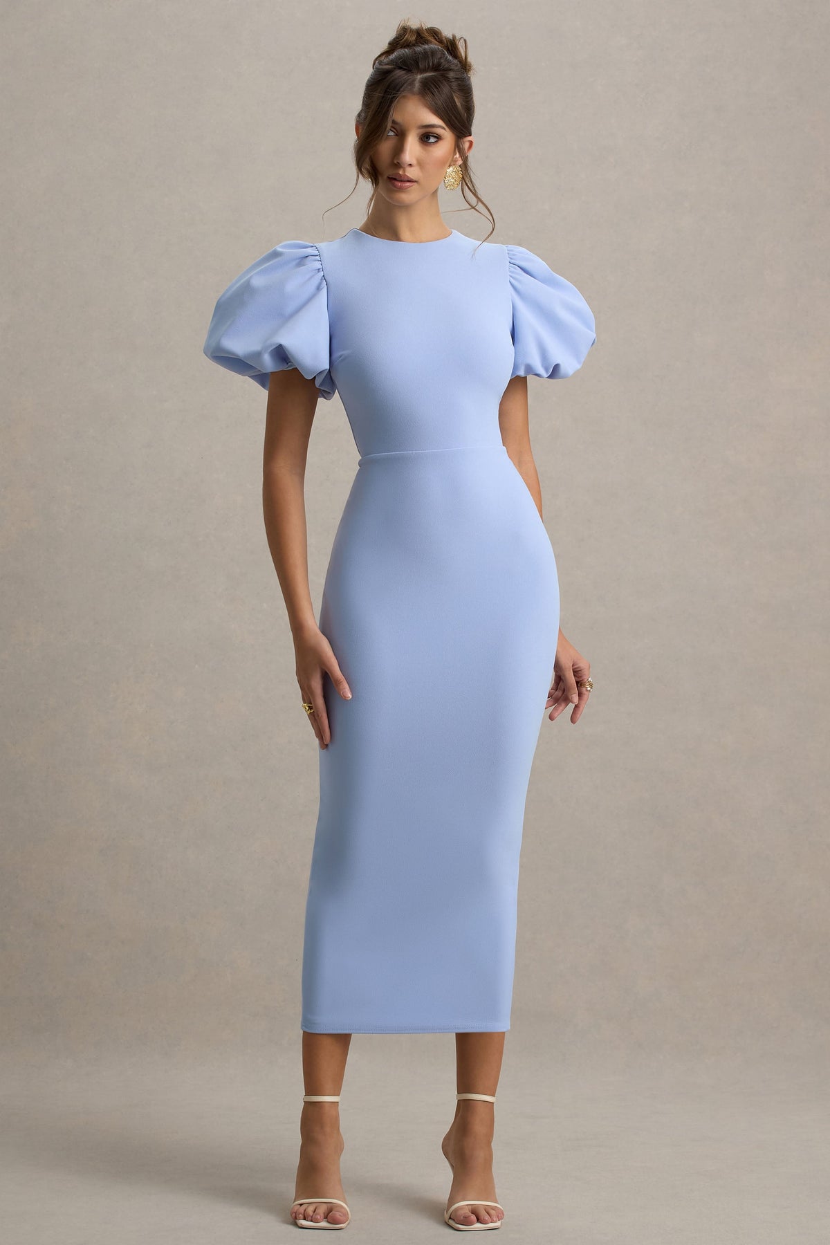 Dakota | Powder BLUE Puff-Sleeve Midi Dress - UK 6 Powder BLUE Dakota | Powder BLUE Puff-Sleeve Midi Dress - UK 6 Powder BLUE