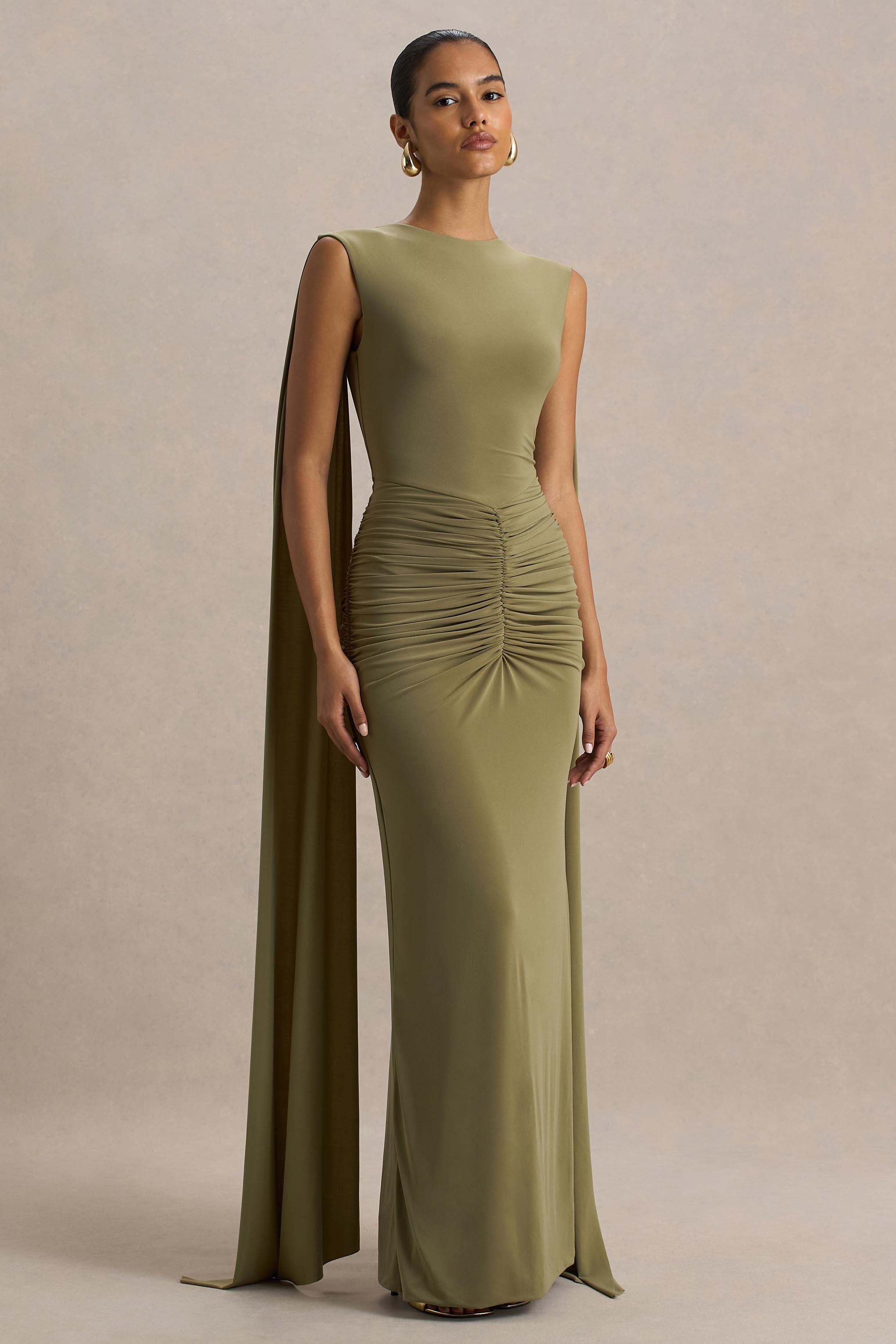 Premiere | Olive Boat-Neck Maxi Dress With Cape-Sleeves And Open