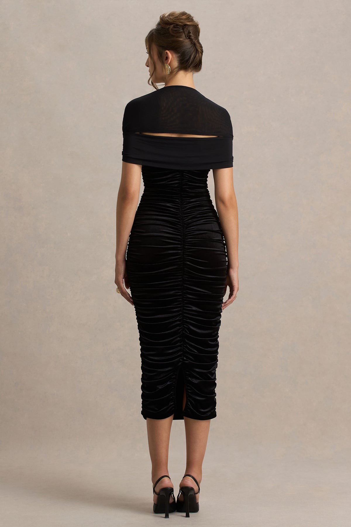 Chrissy Black Velvet Square-Neck Midi Dress With Mesh-Sleeves And Ru Club L London - USA Chrissy Black Velvet Square-Neck Midi Dress With Mesh-Sleeves And Ru Club L London - USA
