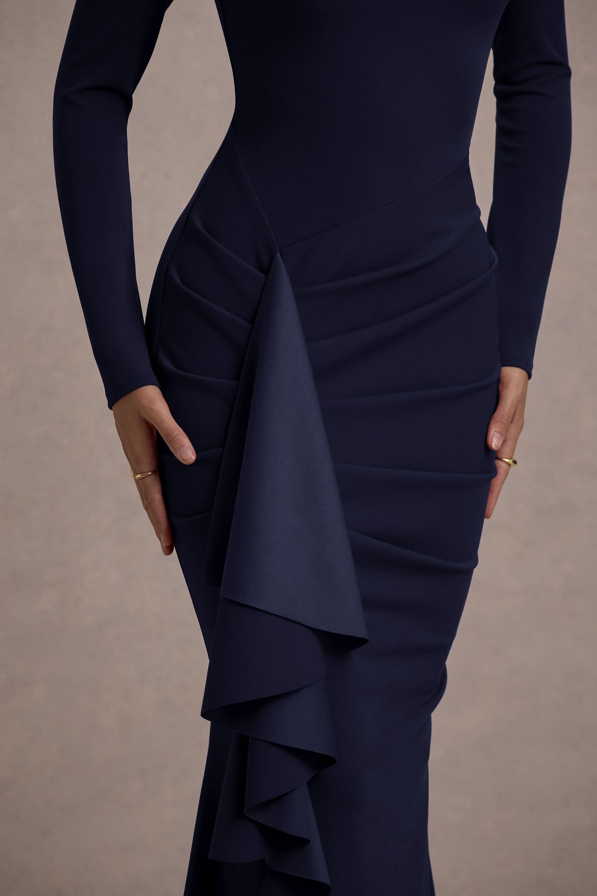 Alayna Navy Long-Sleeve Maxi Dress With Ruffled Split Club L London - USA Alayna Navy Long-Sleeve Maxi Dress With Ruffled Split Club L London - USA