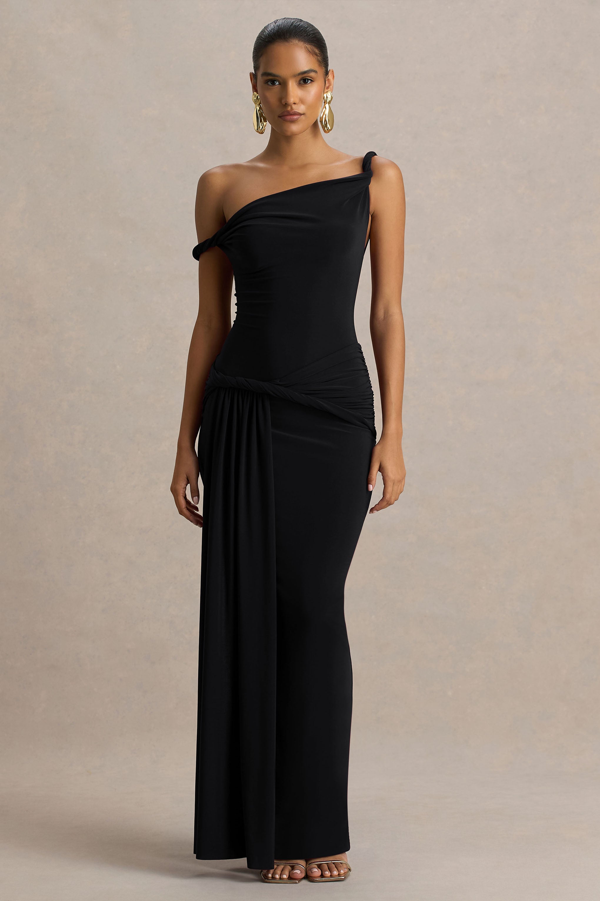 Tulisa | Black Asymmetric-Neck Maxi Dress With Twist Sleeves And