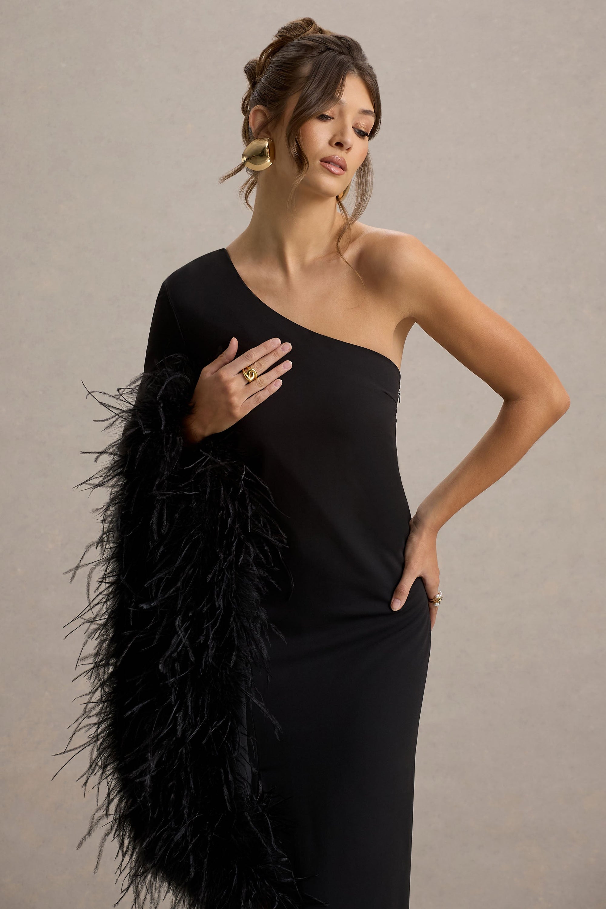 Armina | Black One-Shoulder Feather-Trim Maxi Dress – Club L London