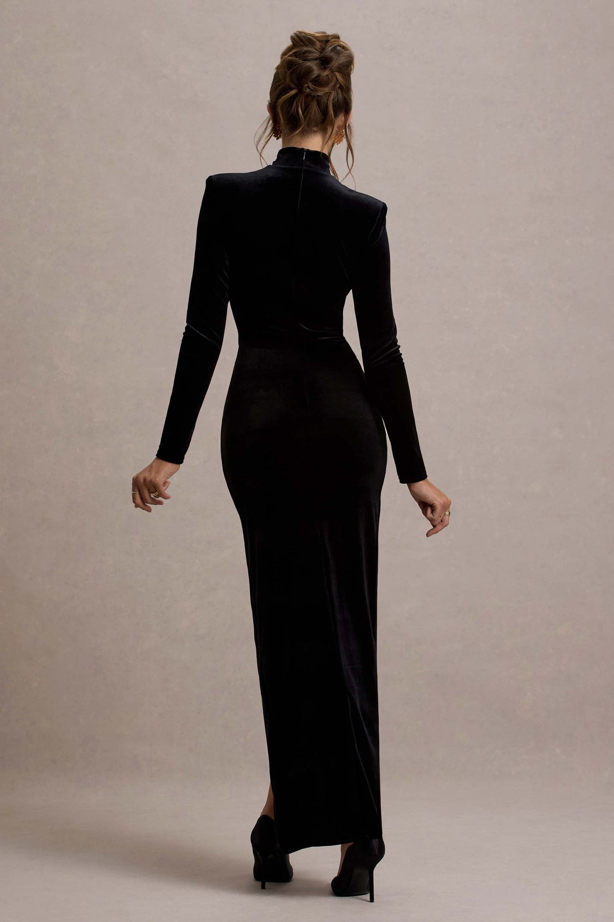 Jaz | Black Velvet High-Neck Gathered Split Maxi Dress