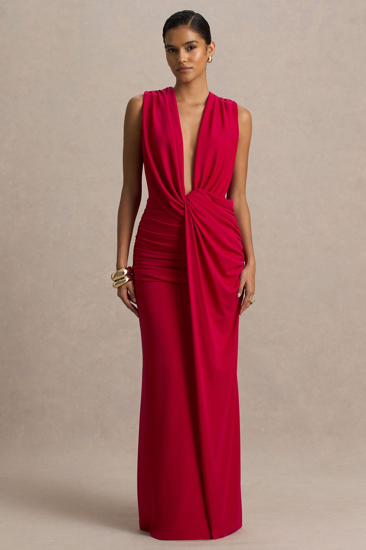Serafina Red Extreme-Plunge Maxi Dress With Ruched Detailing And Ope Club L London - USA Serafina Red Extreme-Plunge Maxi Dress With Ruched Detailing And Ope Club L London - USA