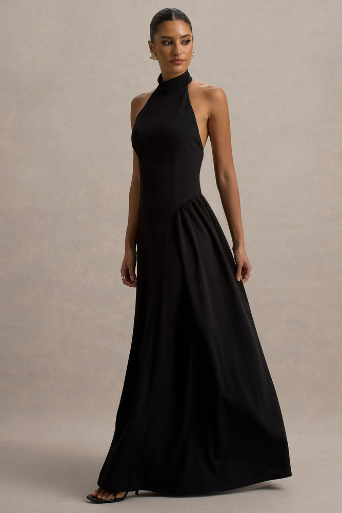 Cynthia Black High-Neck Maxi Dress With Volume Skirt – Club
