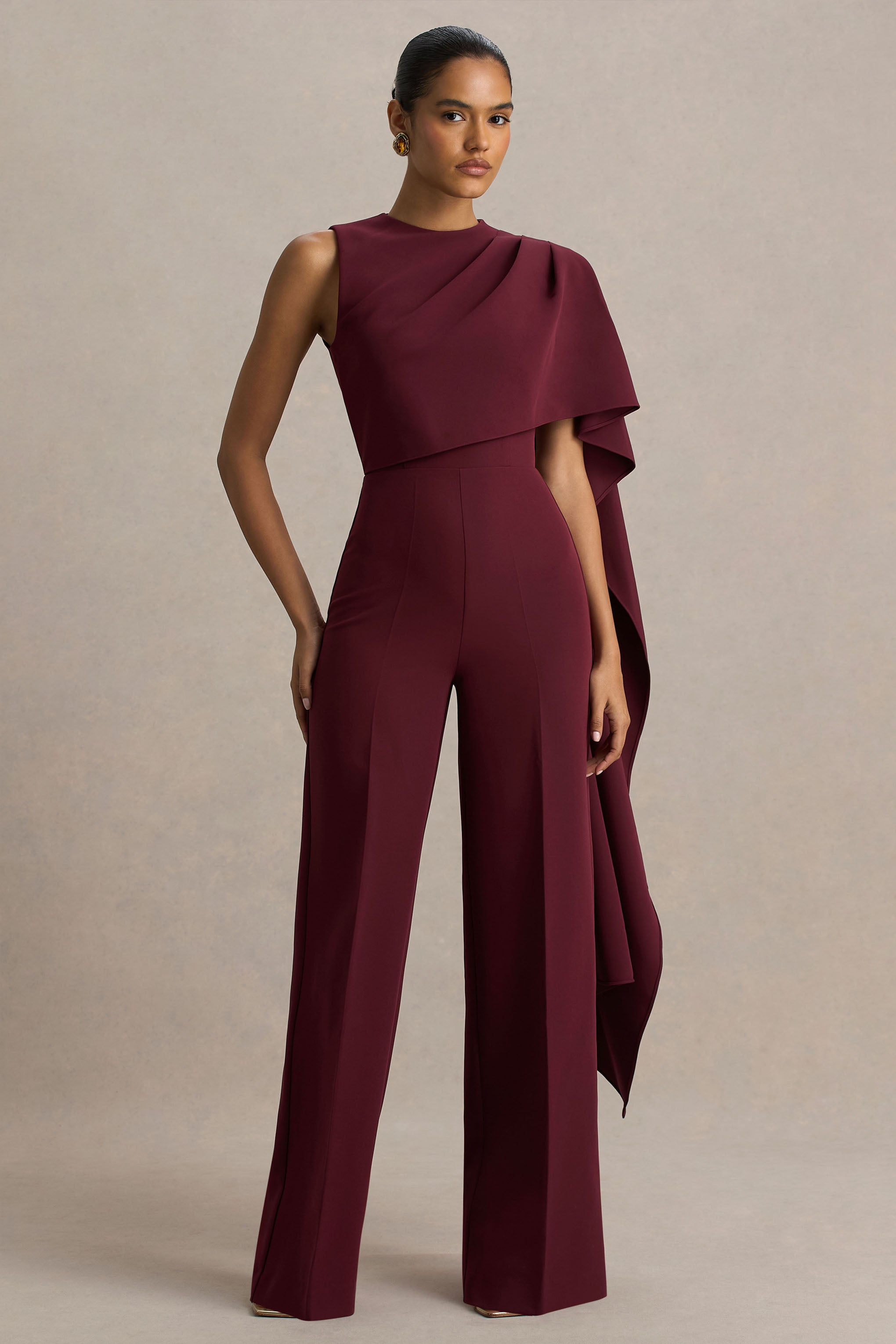 完売品　sahara Cross Neck Jacquard Jumpsuits Sorenia | Burgundy High-Neck Jumpsuit With One-Cape Sleeve – Club