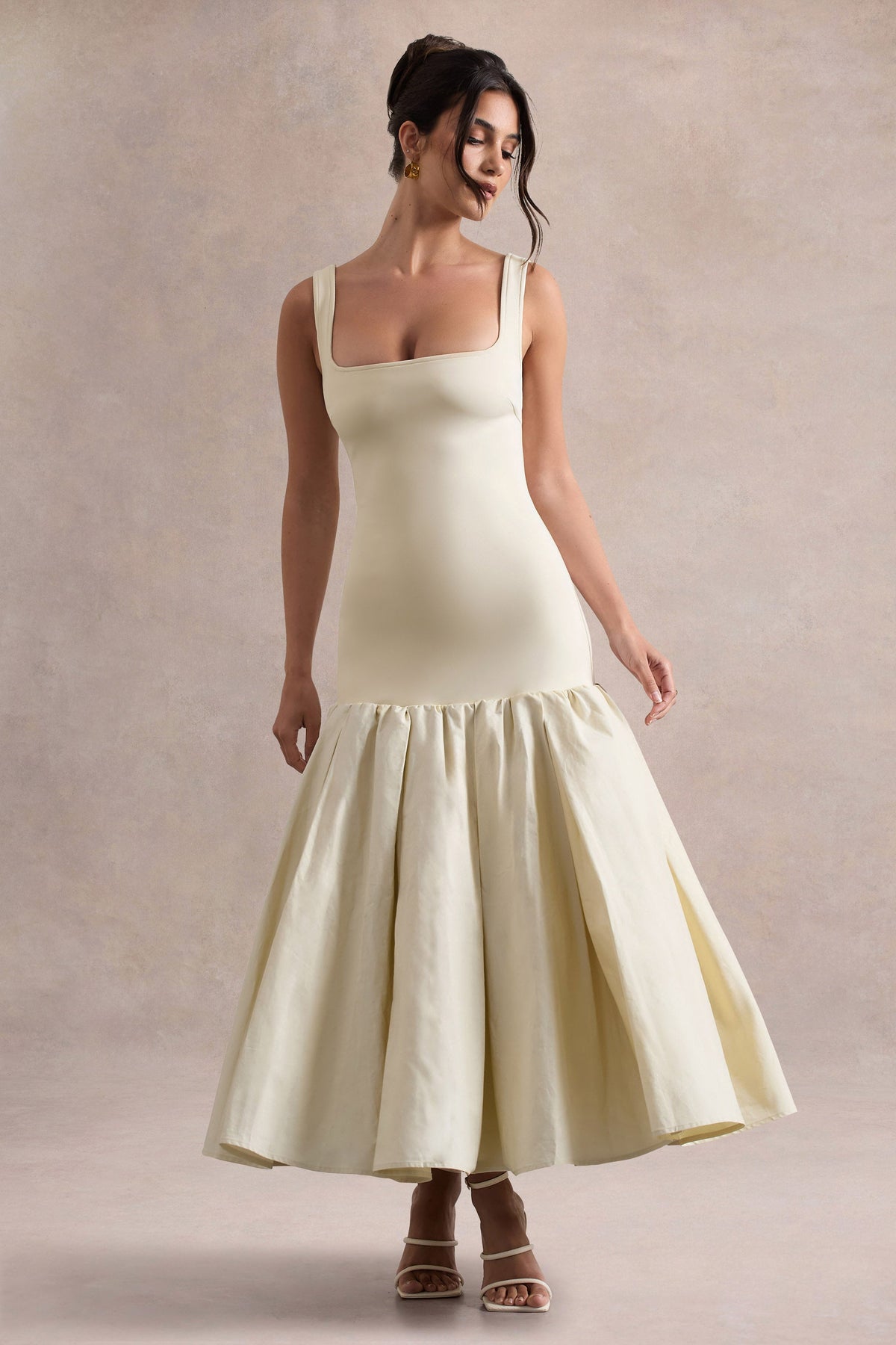 Parida Cream Poplin Drop-Waist Midi Dress With Peplum Hem Club L London - USA Parida Cream Poplin Drop-Waist Midi Dress With Peplum Hem Club L London - USA