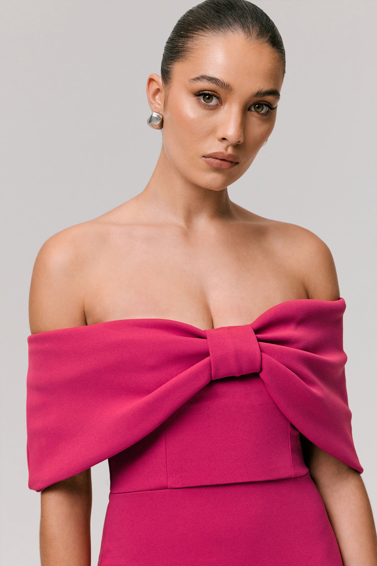 Sadie Hot Pink Bow Bardot Mini Dress Club L London - USA Sadie Hot Pink Bow Bardot Mini Dress Club L London - USA