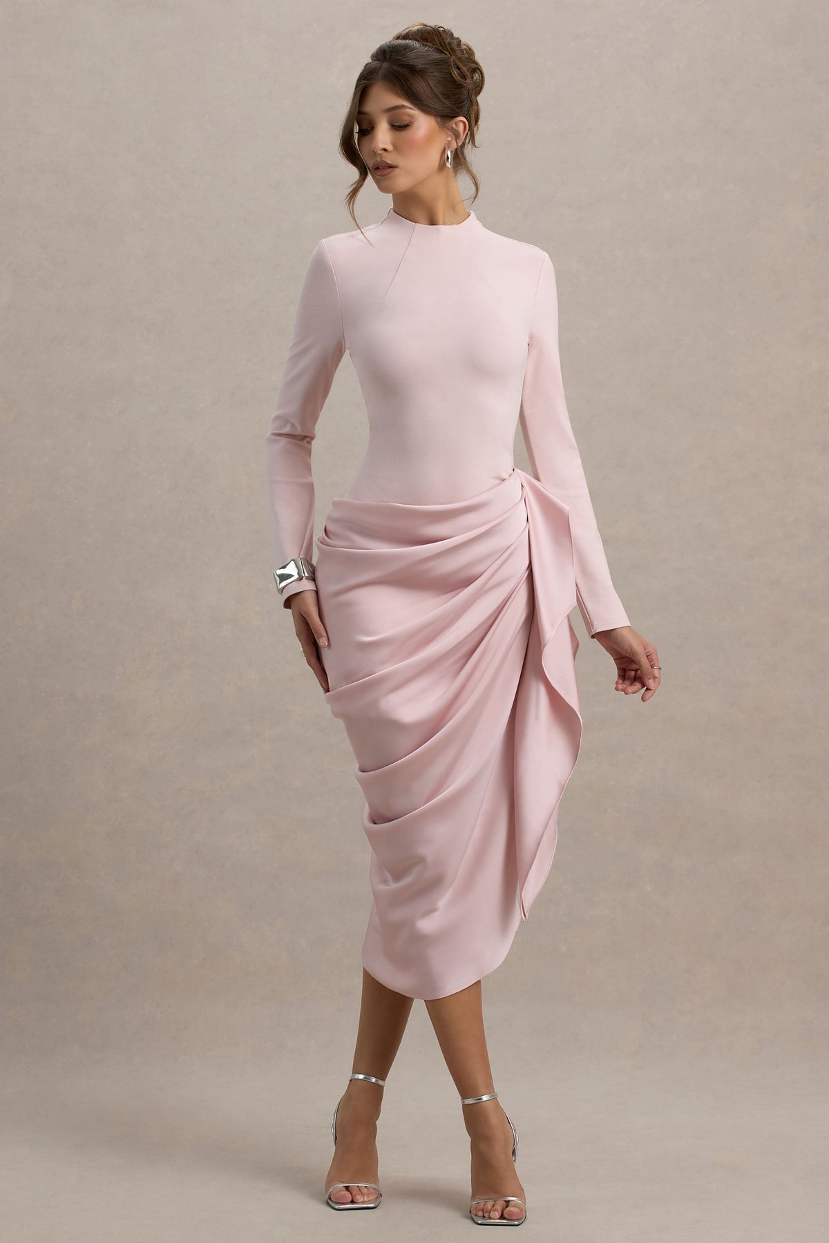 Raffie | PINK Long-Sleeve Midi Dress With Satin Wrap Skirt US 8 / PINK Raffie | PINK Long-Sleeve Midi Dress With Satin Wrap Skirt US 8 / PINK