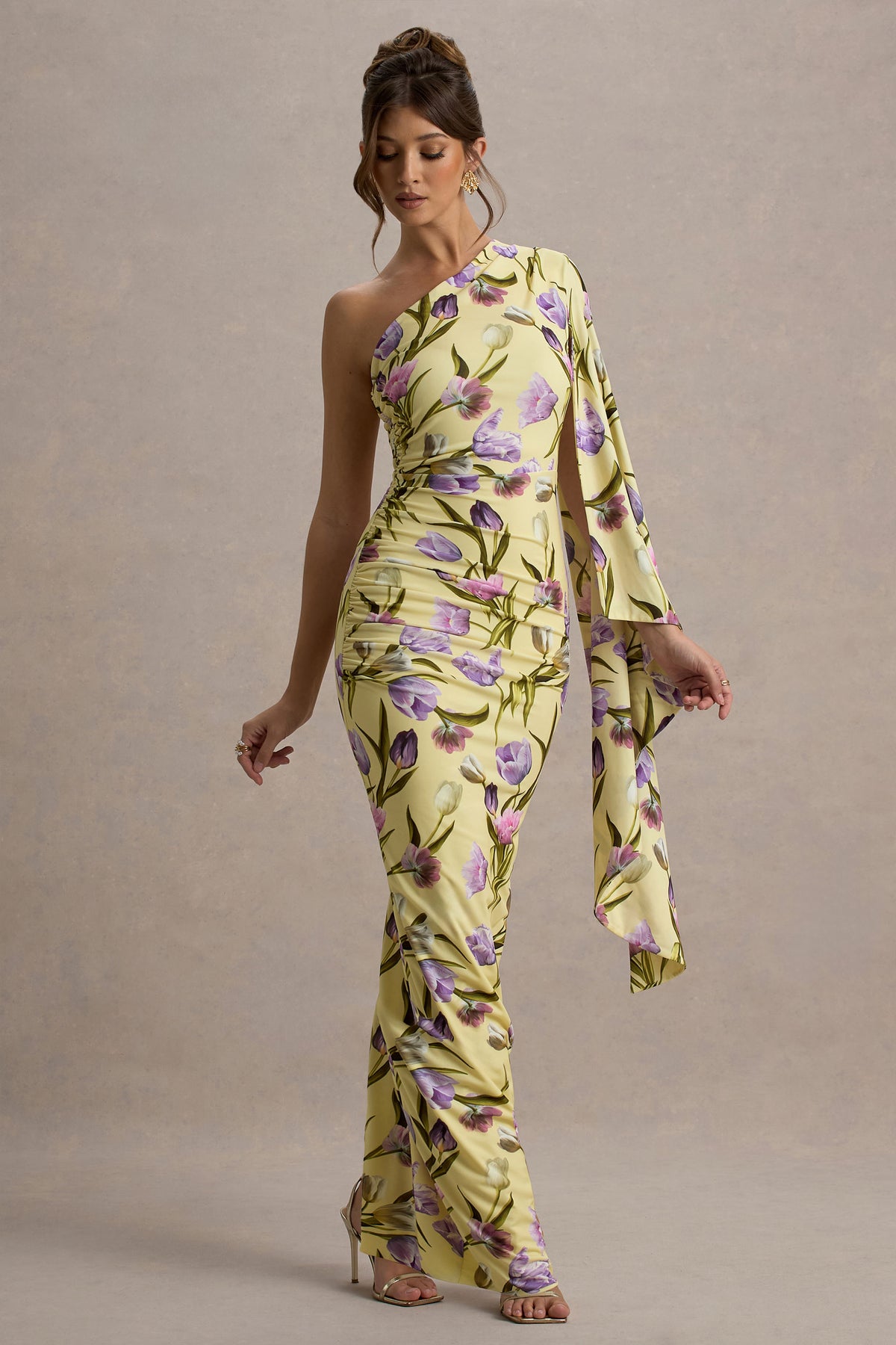 Clementina Tulip Floral Print Asymmetric Cape Sleeve Maxi Dress Club L London - USA Clementina Tulip Floral Print Asymmetric Cape Sleeve Maxi Dress Club L London - USA