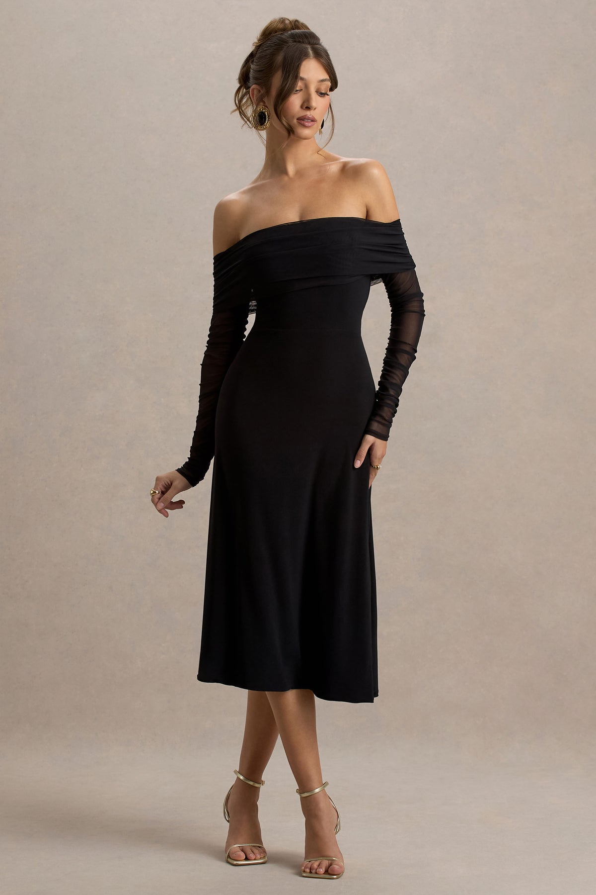Flatter Me | Black Bardot Midi Dress With Mesh Sleeves