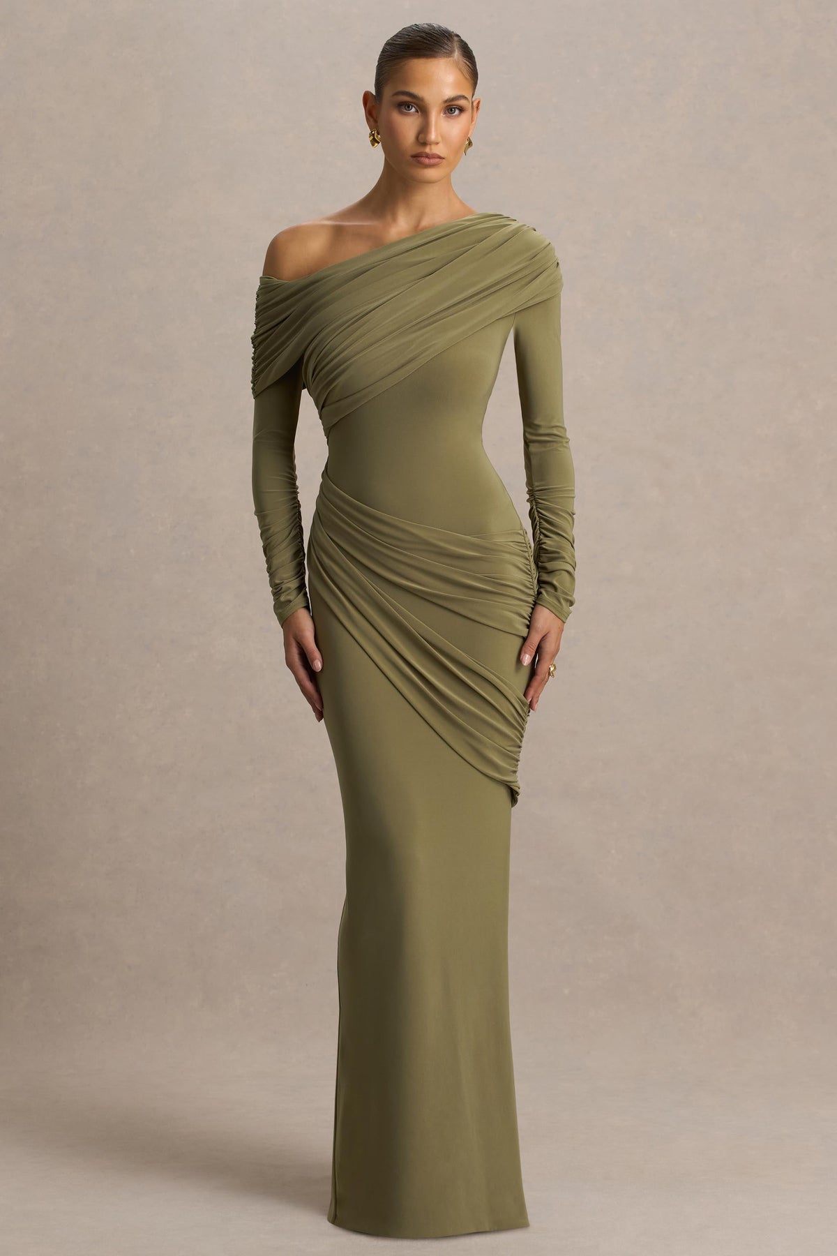 Perrie | Olive Asymmetric-Neck Maxi Dress With Ruched Detailing - UK 16 MARTINI Olive Perrie | Olive Asymmetric-Neck Maxi Dress With Ruched Detailing - UK 16 MARTINI Olive