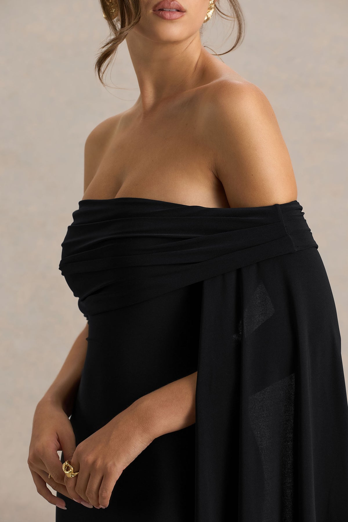 Saffina | Black Bardot-Neck Maxi Dress With Sash Detail
