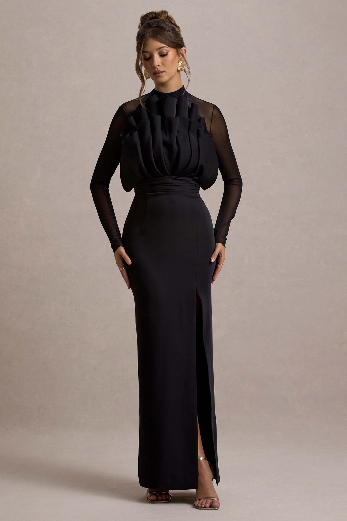 Alder Black Mesh Long-Sleeve Ruffled Split Maxi Dress Club L London - USA Alder Black Mesh Long-Sleeve Ruffled Split Maxi Dress Club L London - USA