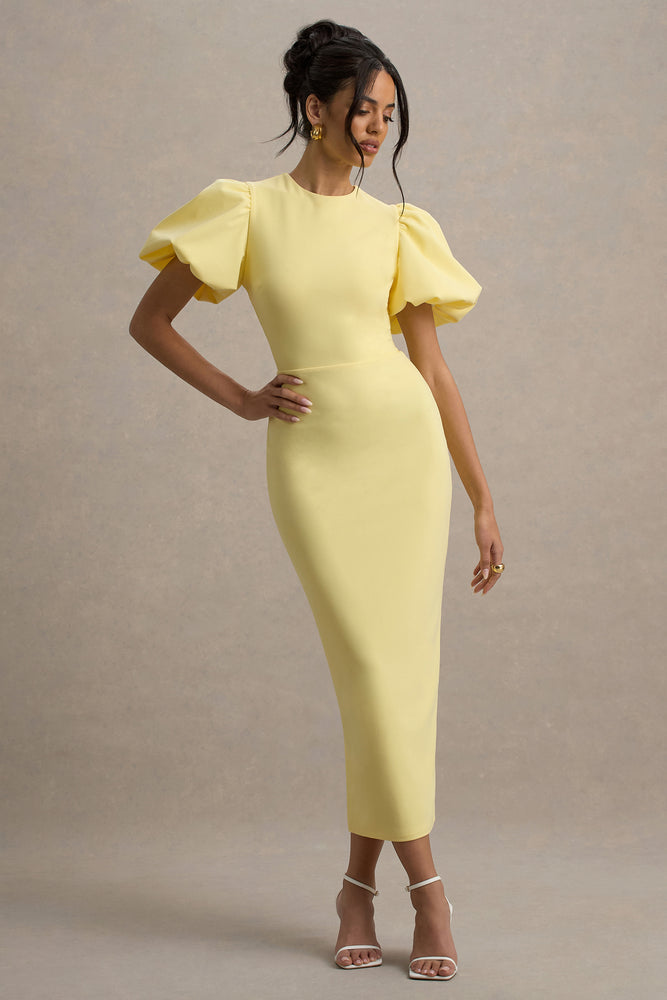 yellow dress puff sleeves Dakota Lemon Puff-Sleeve Midi Dress – Club L London