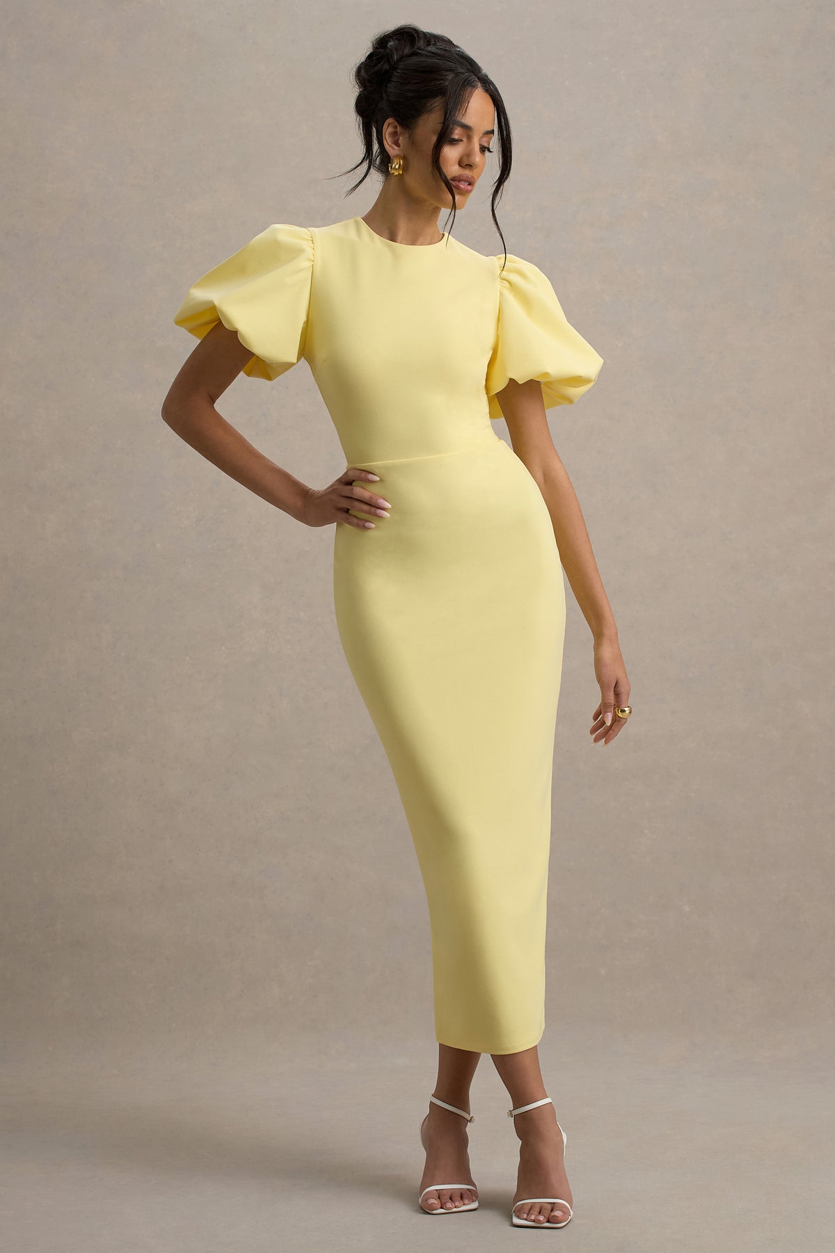 Dakota Lemon Puff-Sleeve Midi Dress Club L London - USA Dakota Lemon Puff-Sleeve Midi Dress Club L London - USA