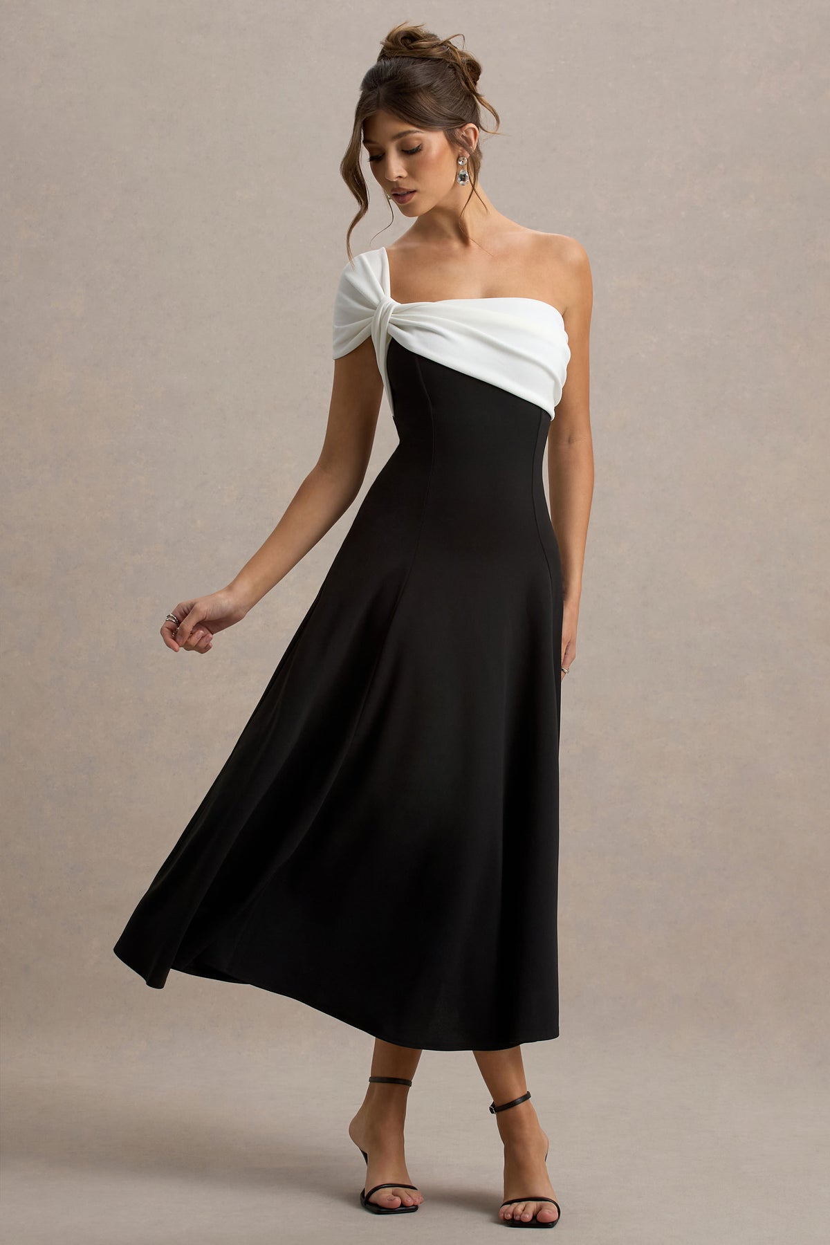 Malta | Black & White One-Shoulder Midi Dress - UK 8 Black AND White Malta | Black & White One-Shoulder Midi Dress - UK 8 Black AND White