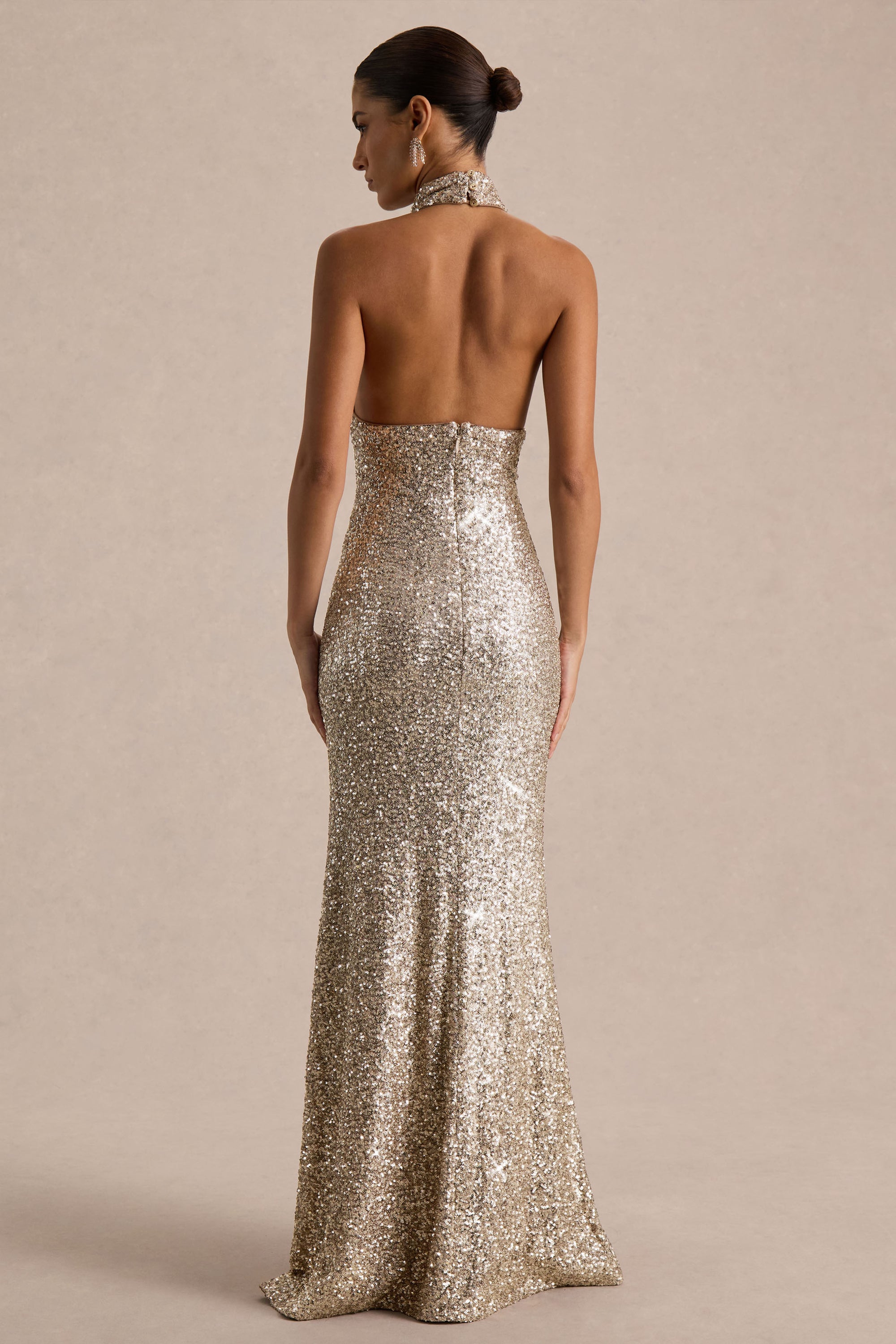 Tulia | Gold Sequin High-Neck Maxi Dress