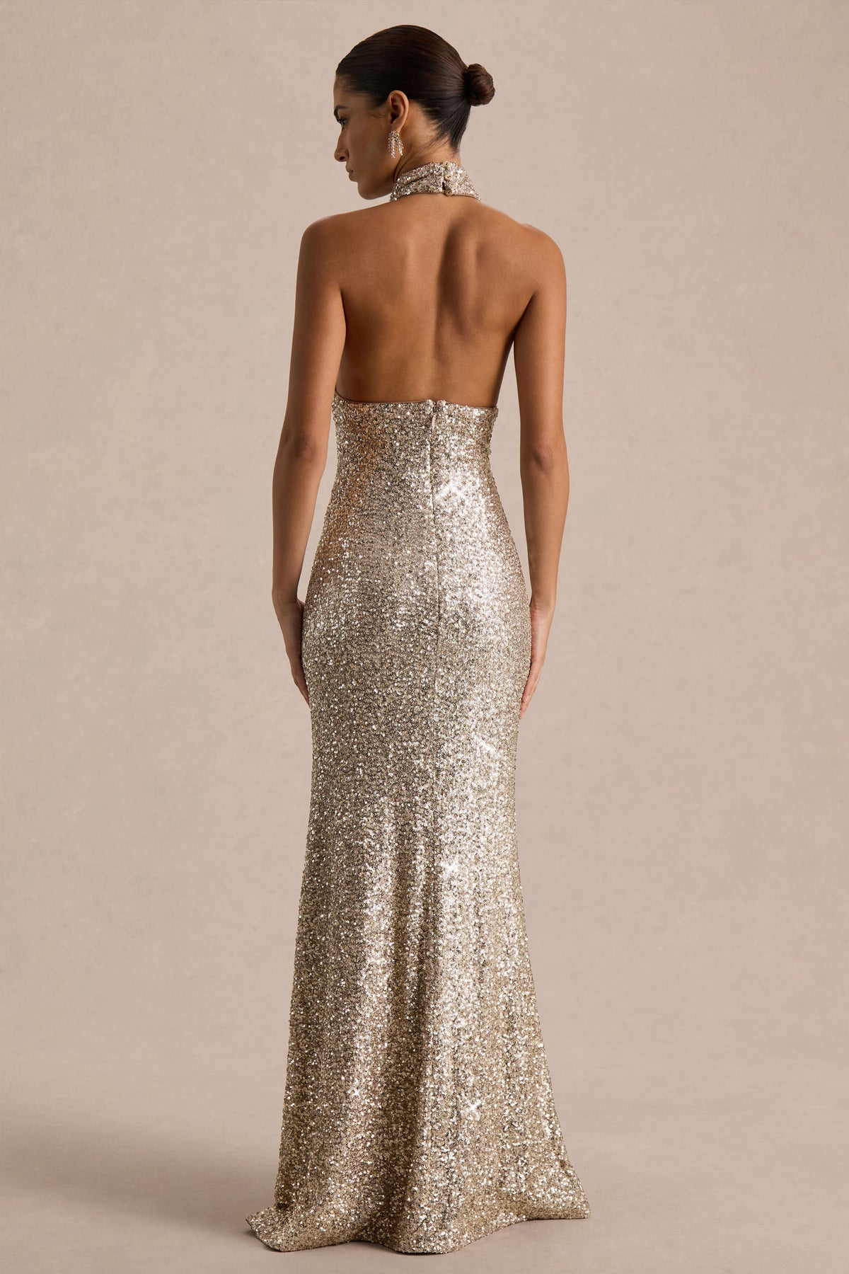 Tulia | Gold Sequin High-Neck Maxi Dress - UK 12 champagne Tulia | Gold Sequin High-Neck Maxi Dress - UK 12 champagne