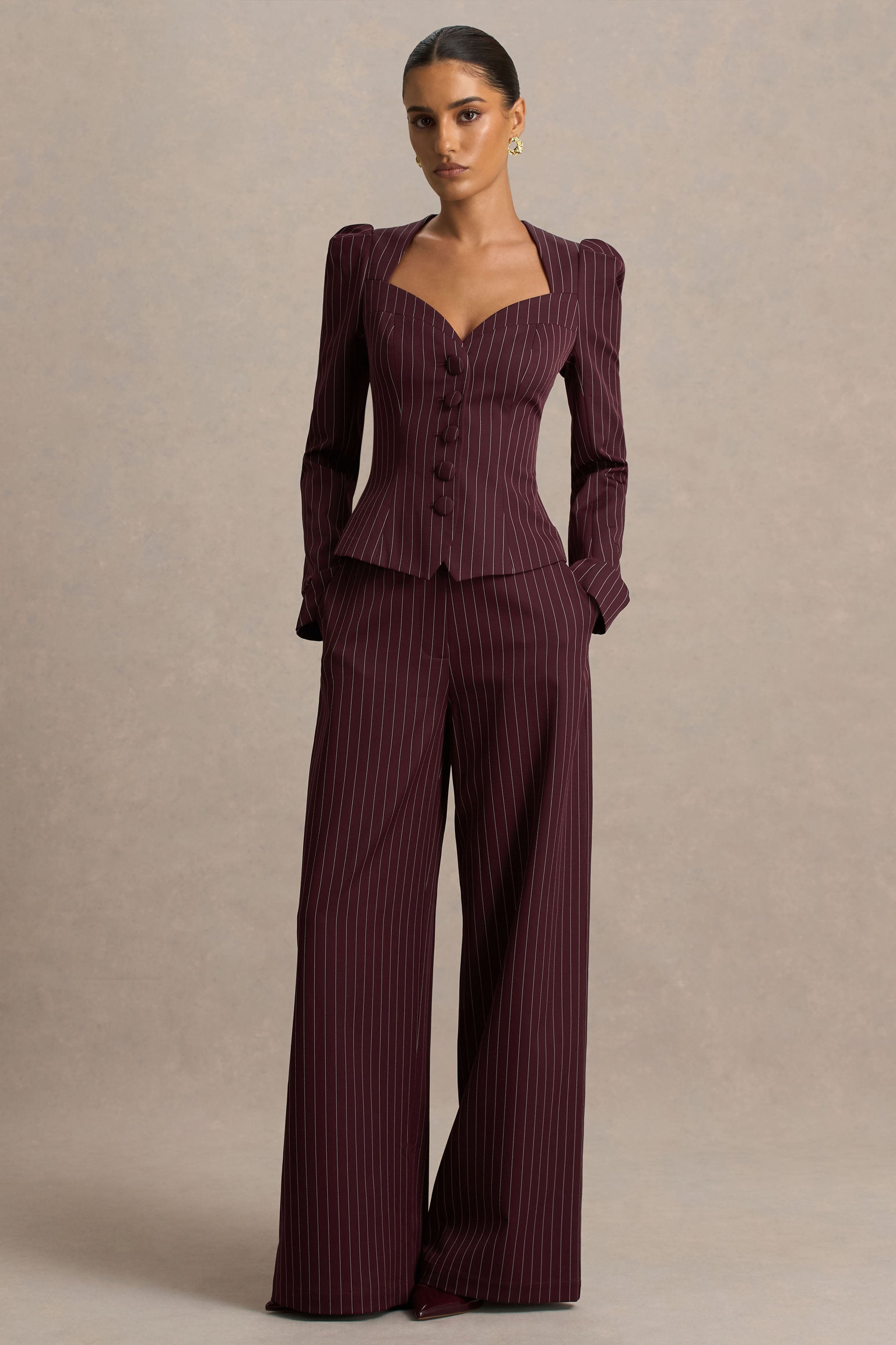 Asteria | Burgundy Pinstripe Wide-Leg Trousers – Club L London - USA