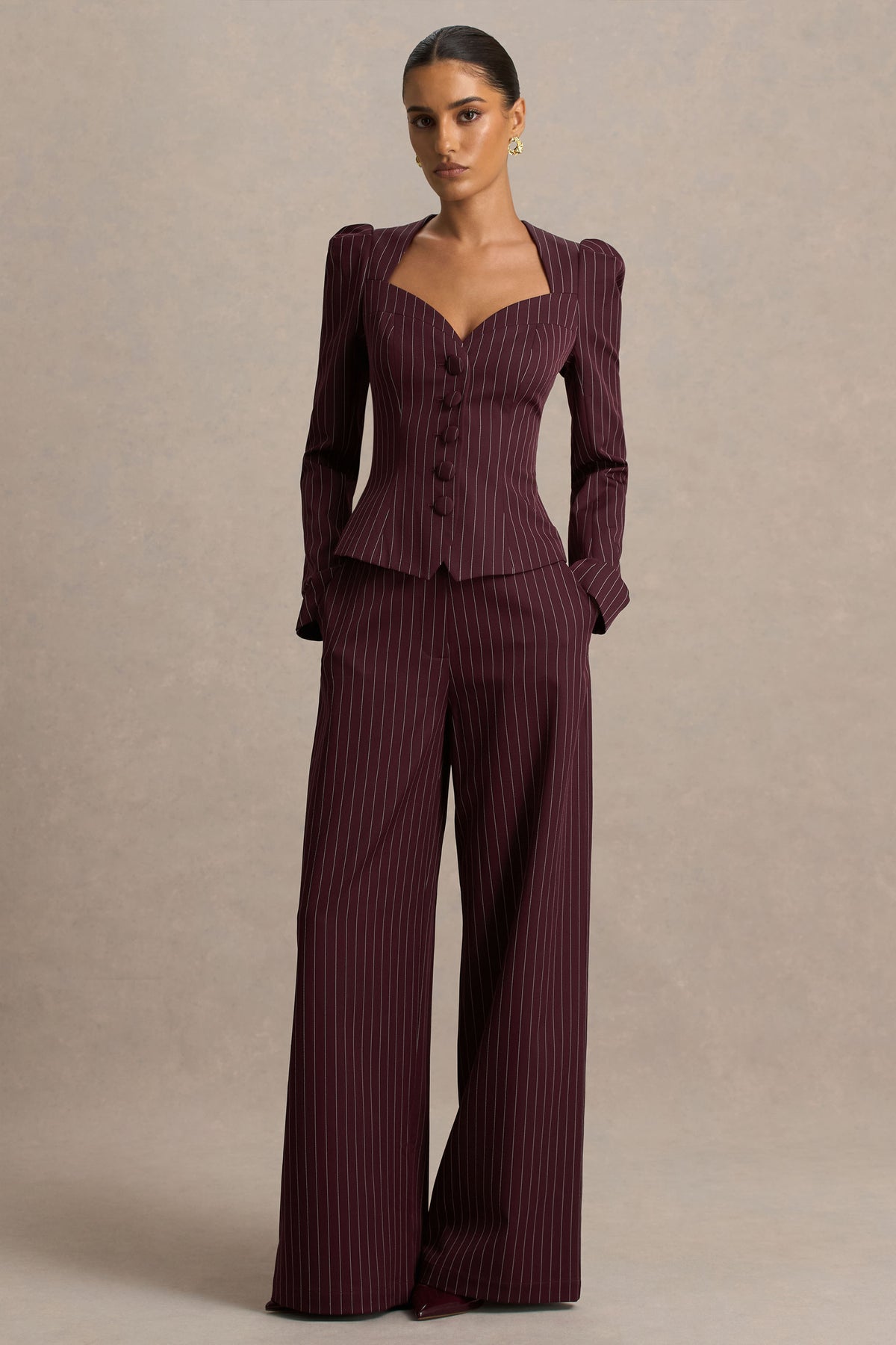 Asteria | Burgundy Pinstripe Wide-Leg Trousers - UK 6 Burgundy Asteria | Burgundy Pinstripe Wide-Leg Trousers - UK 6 Burgundy