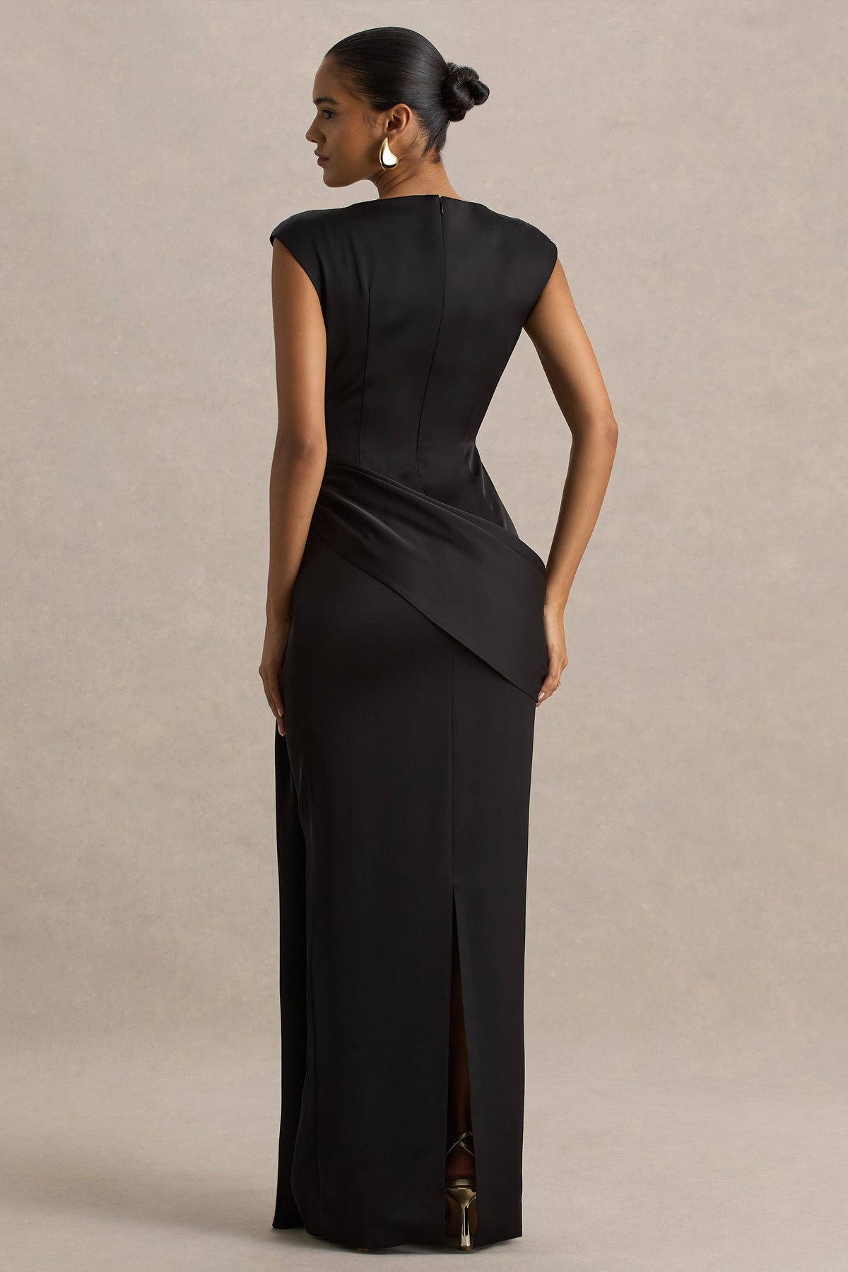 Influence | Black Satin Slashed-Neck Maxi Dress With Embellished and Ruched Details