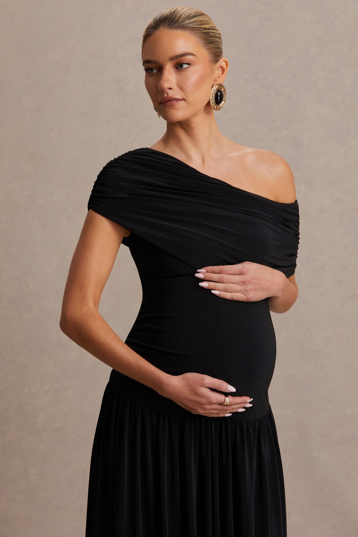 Noah Black Asymmetric-Neck Maternity Maxi Dress With Drop-Waist Club L London - USA Noah Black Asymmetric-Neck Maternity Maxi Dress With Drop-Waist Club L London - USA