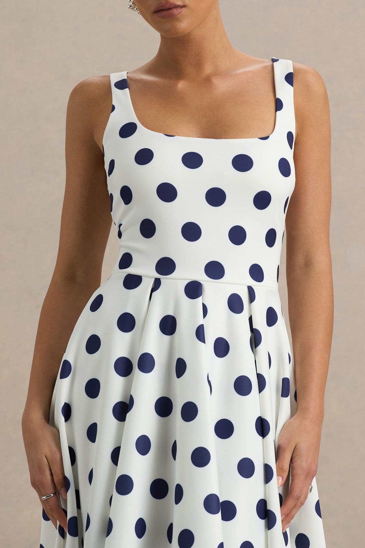 Berta White And Navy Polka-Dot Square-Neck Midi Dress – Club L London Berta White And Navy Polka-Dot Square-Neck Midi Dress – Club L London