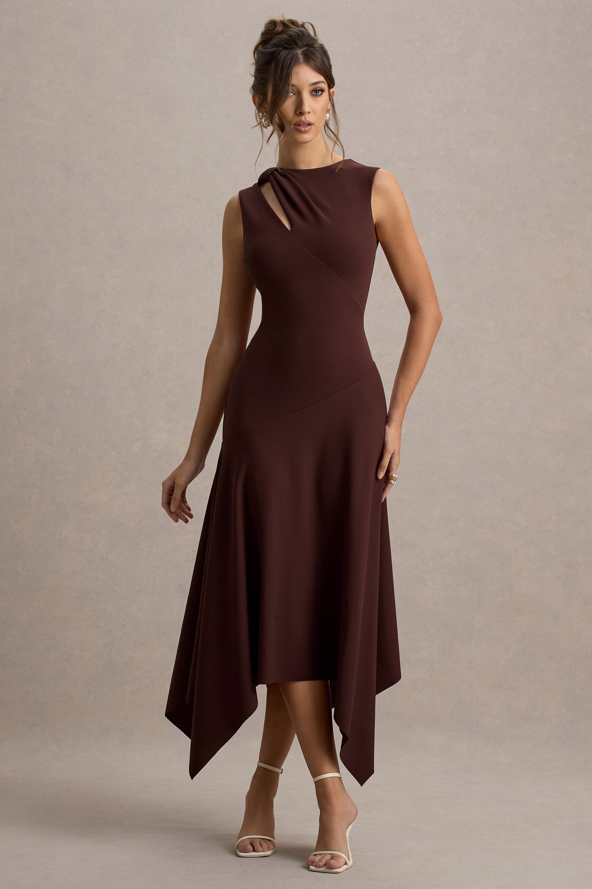 Francesca | Brown Knotted Midi Dress With Handkerchief Hem – Club
