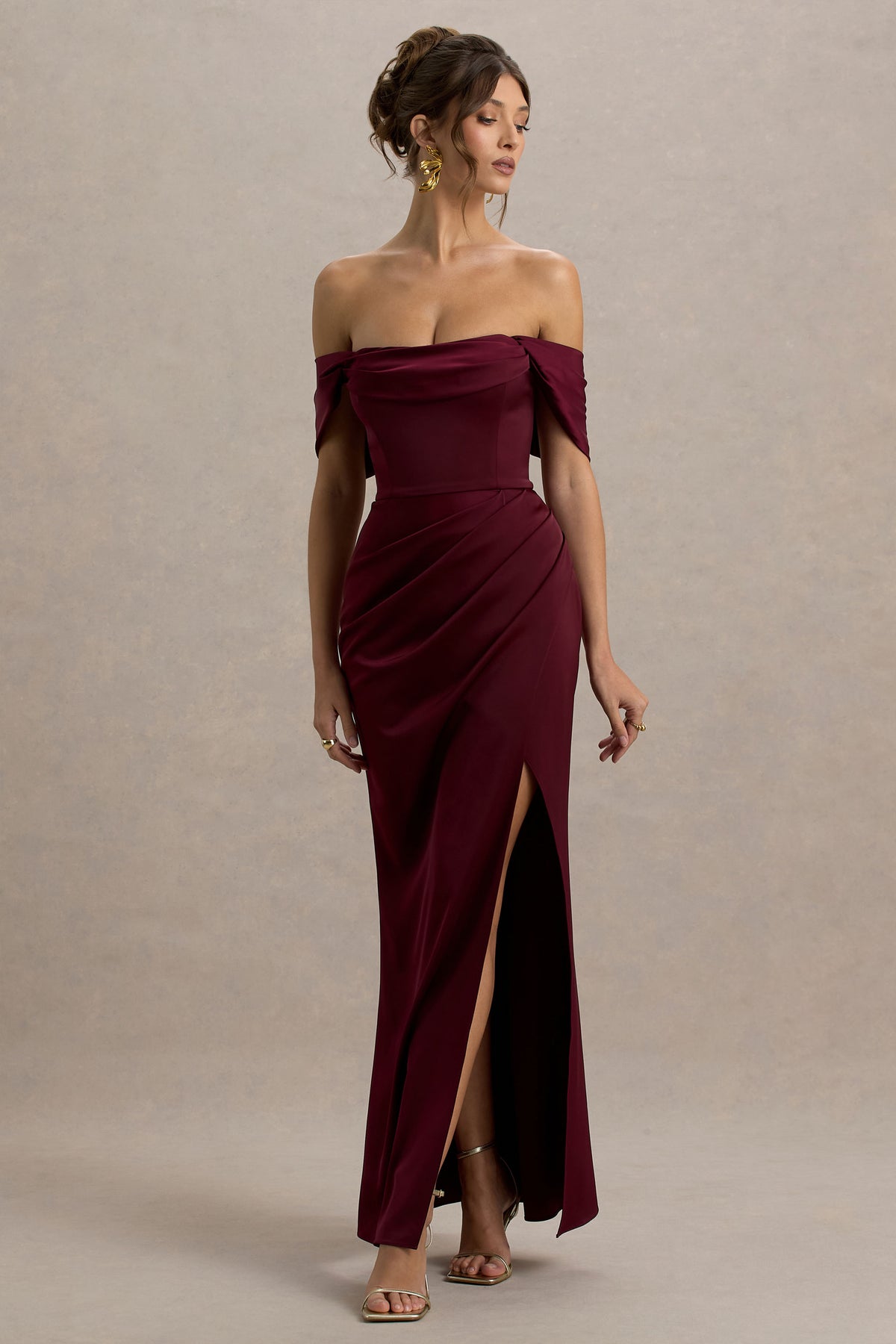 Annie Burgundy Satin Bardot Maxi Dress With Split Wrap Skirt Club L London - USA Annie Burgundy Satin Bardot Maxi Dress With Split Wrap Skirt Club L London - USA