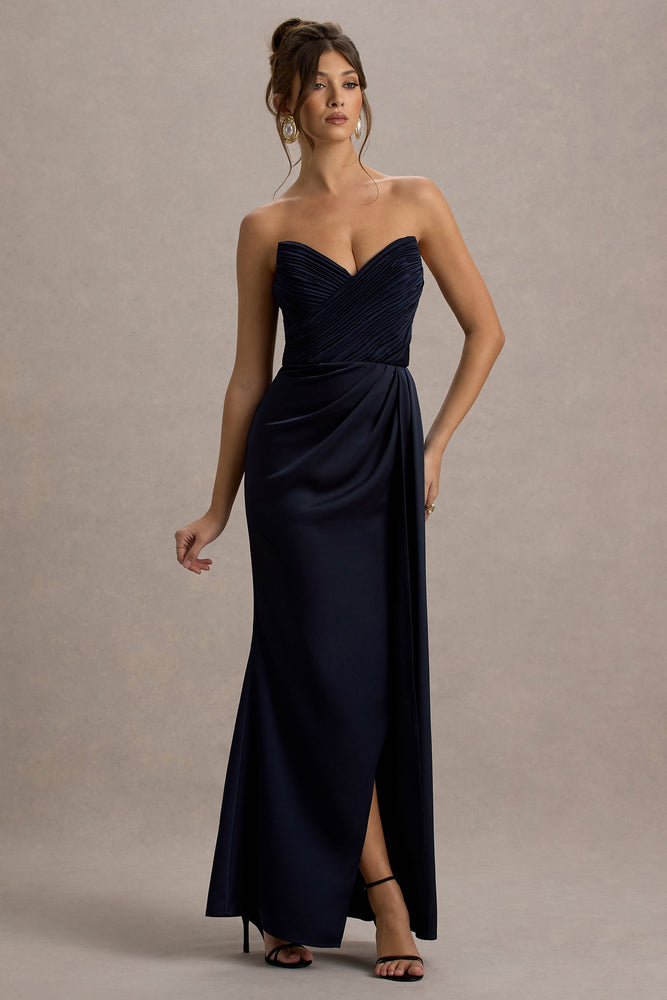 Edel Navy Satin Strapless Maxi Dress With Drape Club L London - USA Edel Navy Satin Strapless Maxi Dress With Drape Club L London - USA