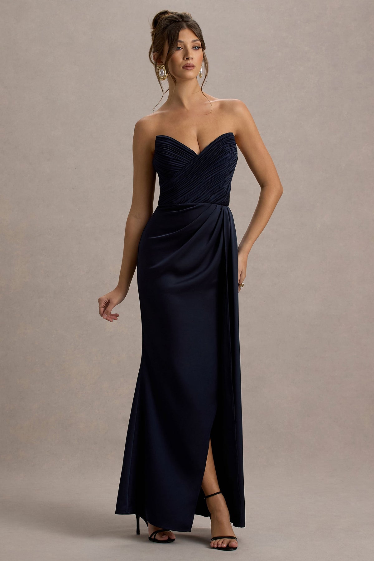 Edel Navy Satin Strapless Maxi Dress With Drape Club L London - USA Edel Navy Satin Strapless Maxi Dress With Drape Club L London - USA