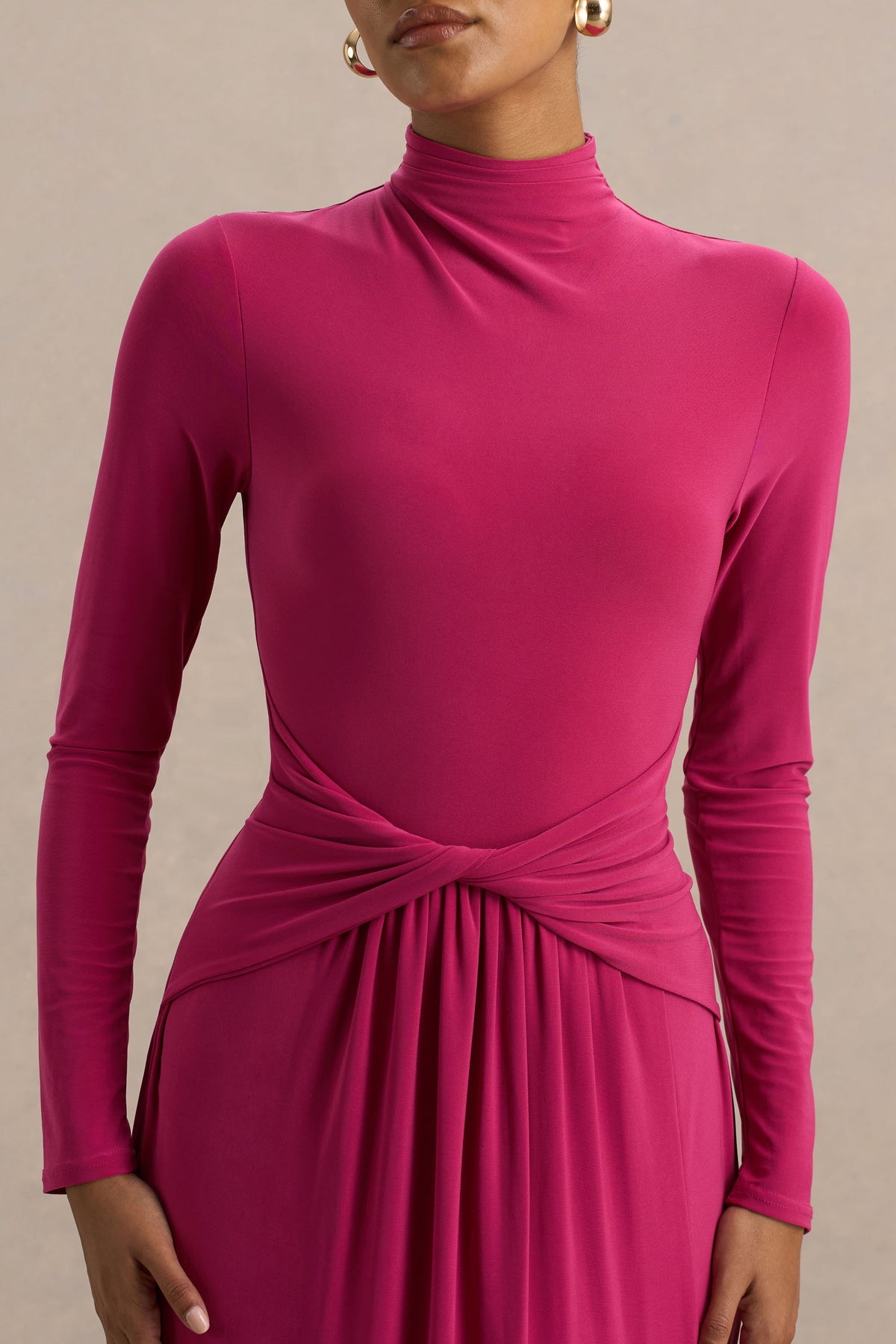 Hourglass Hot Pink Long-Sleeve Twisted Maxi Dress With Split Club L London - USA Hourglass Hot Pink Long-Sleeve Twisted Maxi Dress With Split Club L London - USA
