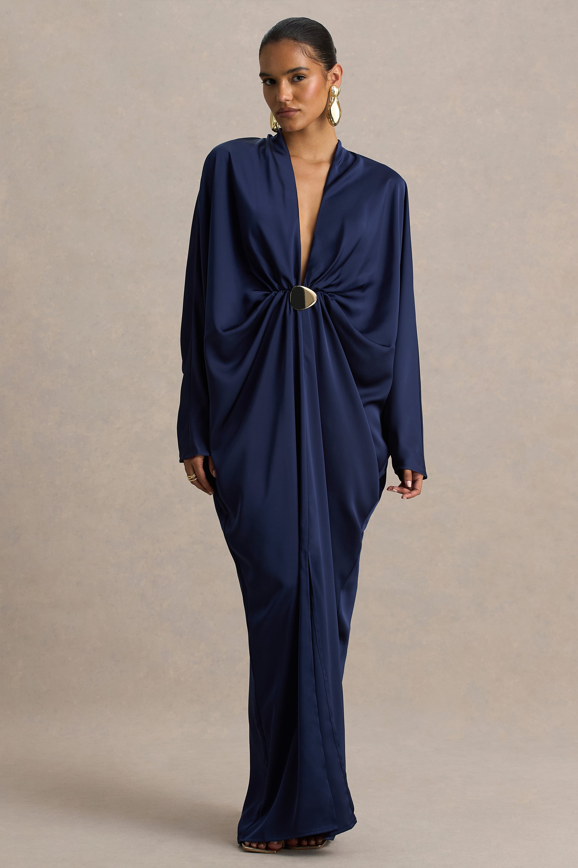 https://www.showpo.com/eu/cariela-plunge-neck-satin-maxi-dress-in-navy.html Cariela Midi Dress - Plunge Neck Satin Dress in Navy