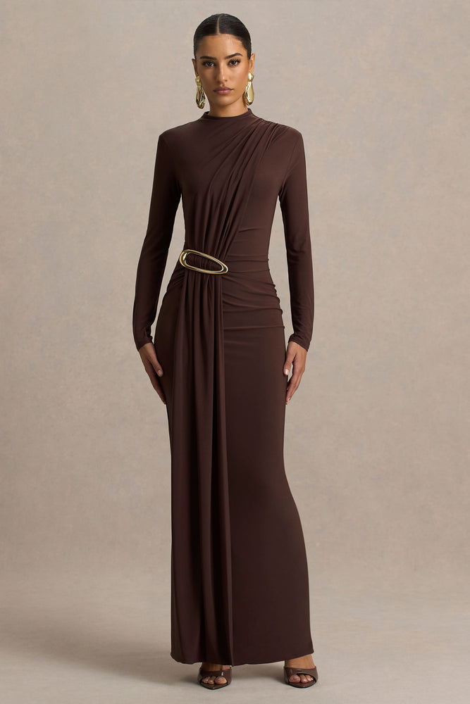 knee length dresses for ladies Zadie Brown High-Neck Maxi Dress With Gathered-Detail – Club L London