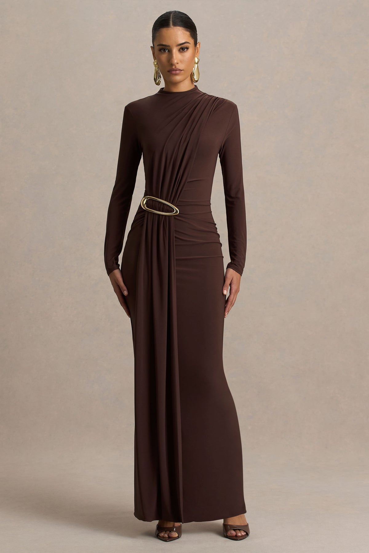 Zadie | Brown High-Neck Maxi Dress With Gathered-Detail - UK 8 BITTER CHOCOLATE Zadie | Brown High-Neck Maxi Dress With Gathered-Detail - UK 8 BITTER CHOCOLATE