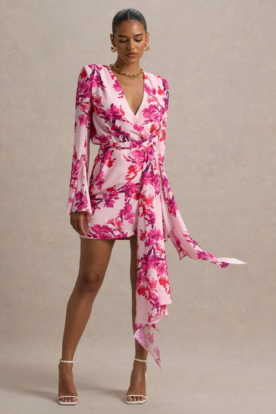 dark pink floral dress Goldie | Print Chiffon Long-Sleeve Wrap Mini 💙💙💙 👉@romyrahy - @zoyarahy The high fitted silver nude dress Color:Tickle Me Pink