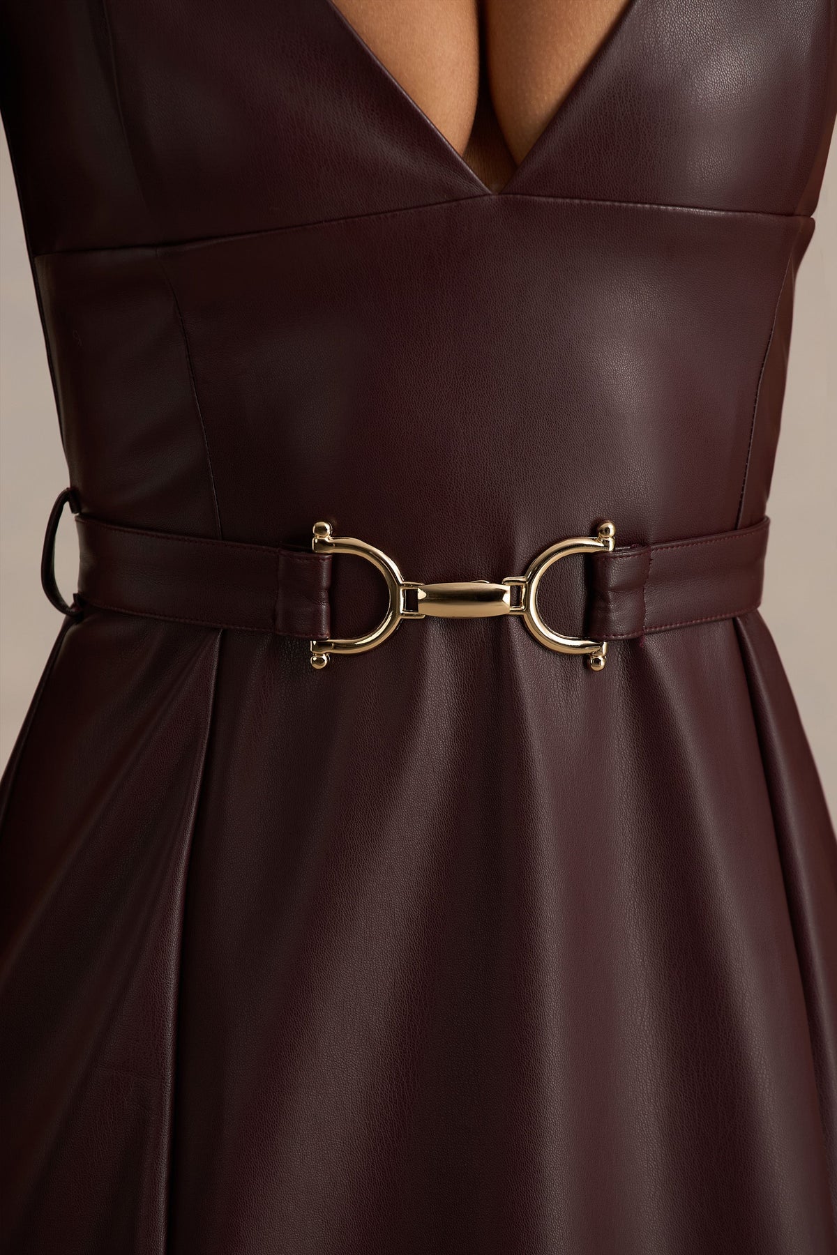 Lila Burgundy Faux Leather Plunge-Neck Maxi Dress With Split Club L London - USA Lila Burgundy Faux Leather Plunge-Neck Maxi Dress With Split Club L London - USA