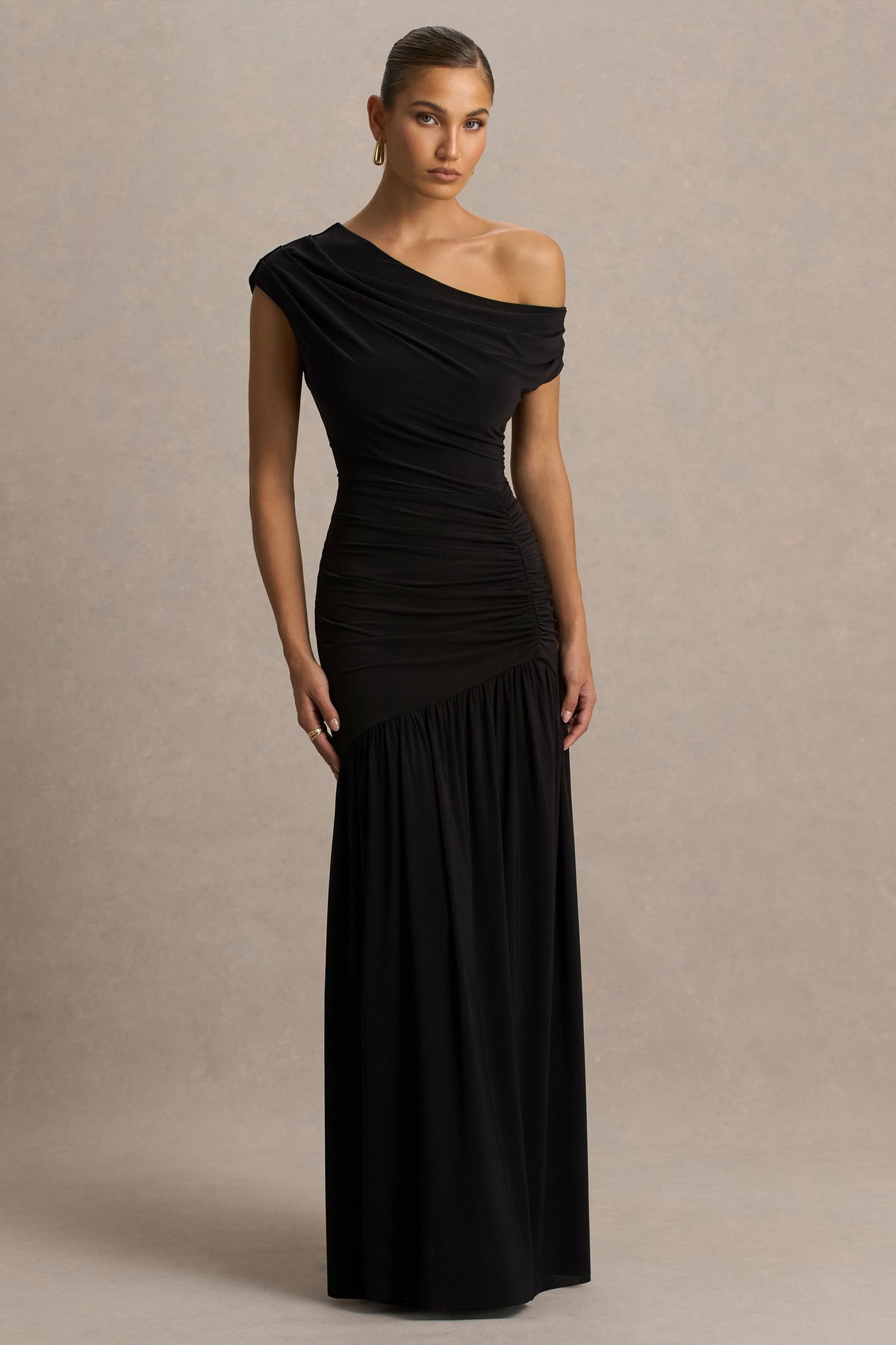 Kady Black Asymmetric-Neck Maxi Dress With Ruched Detailing and Fron Club L London - USA Kady Black Asymmetric-Neck Maxi Dress With Ruched Detailing and Fron Club L London - USA