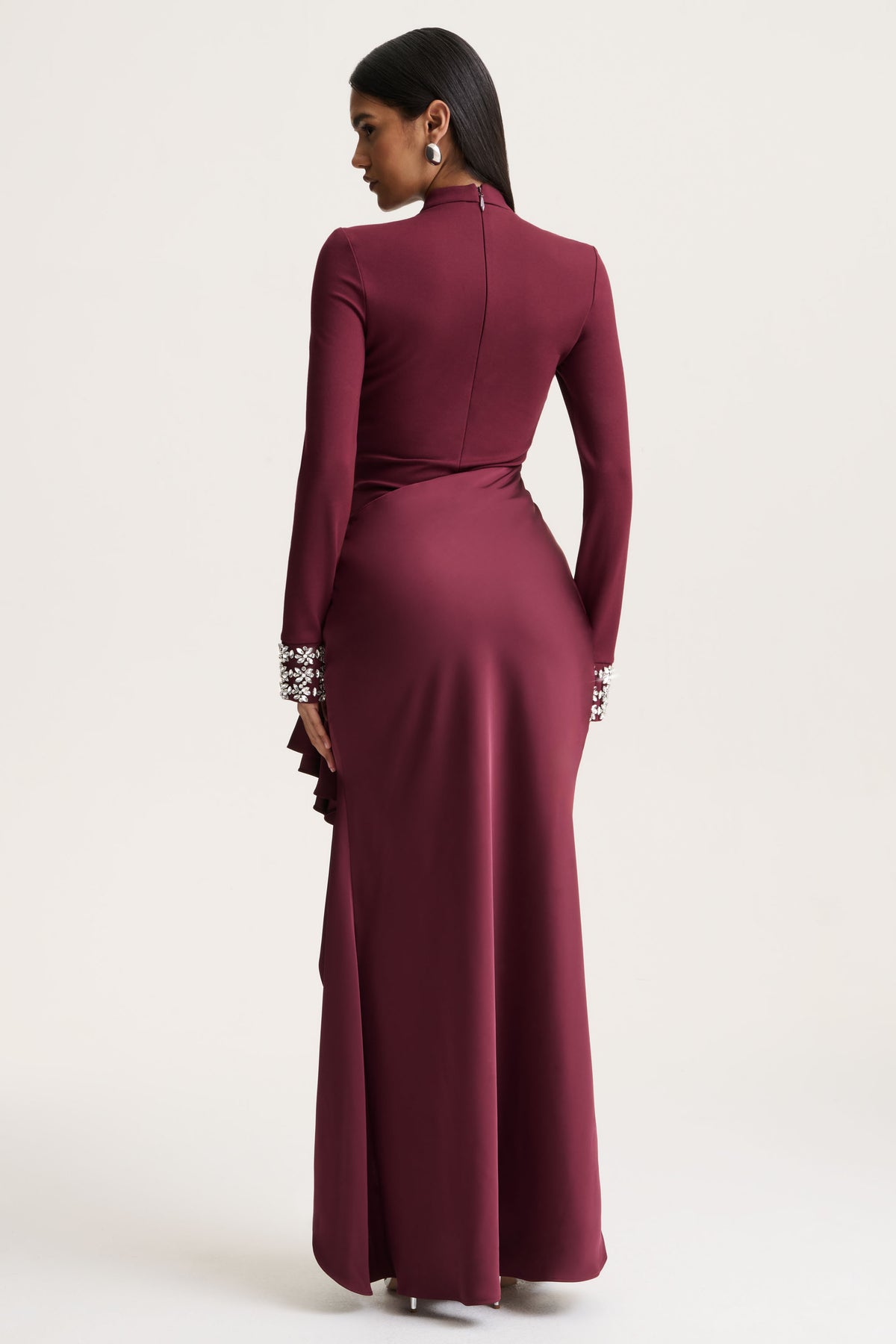 Starred | Burgundy Crew-Neck Maxi Dress With Drop-Waist And Satin Wrap-Skirt