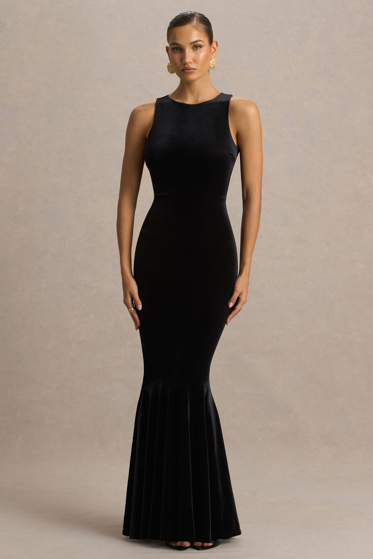 Pippa | Black Velvet Crew-Neck Mermaid Maxi Dress - UK 6 Black Pippa | Black Velvet Crew-Neck Mermaid Maxi Dress - UK 6 Black
