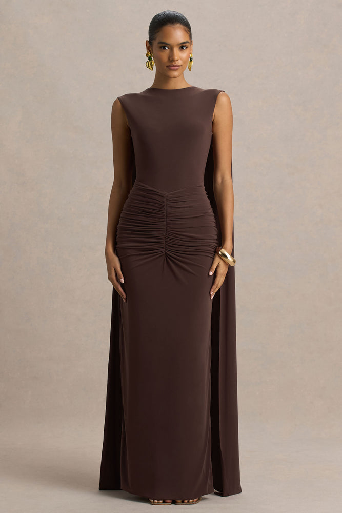 brown elegant dress Premiere | Brown Boat-Neck Maxi Dress With Cape Sleeves And Open-Back