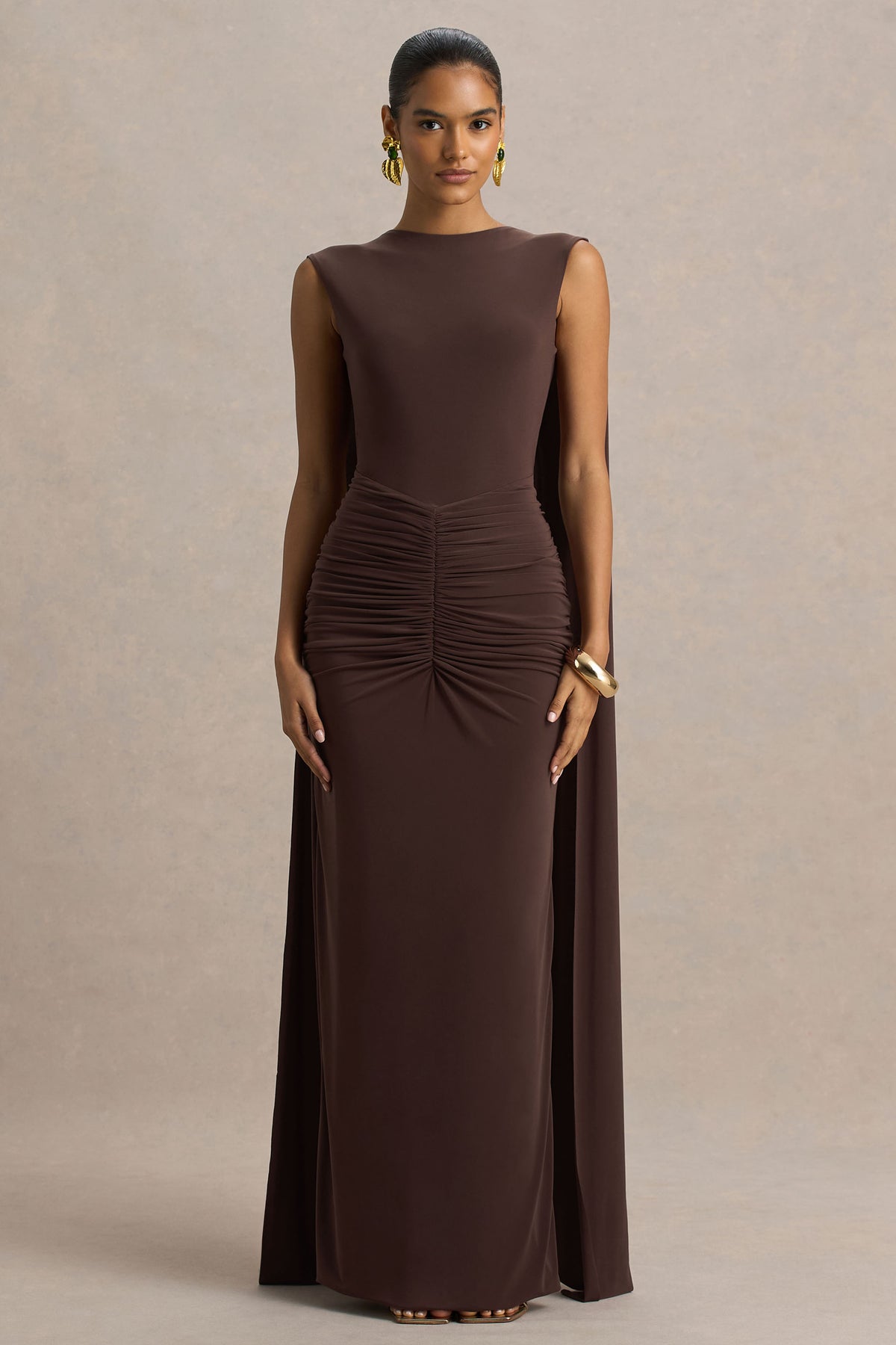 Premiere Brown Boat-Neck Maxi Dress With Cape Sleeves And Open-Back Club L London - USA Premiere Brown Boat-Neck Maxi Dress With Cape Sleeves And Open-Back Club L London - USA