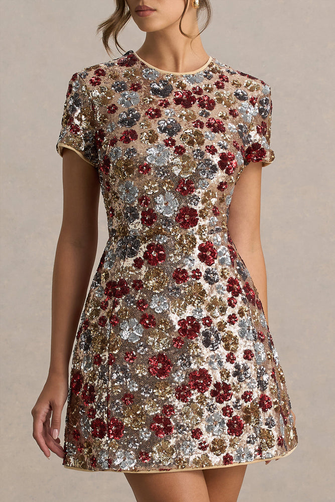 neelia mini dress red floral Eira | RED Floral Embellished Sequin Crew-Neck Mini Dress