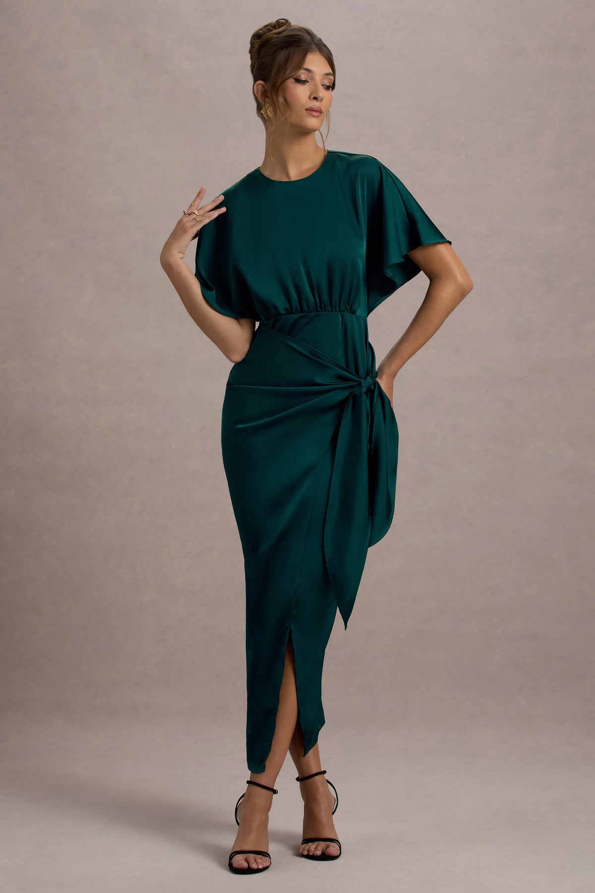 Mika Bottle Green Satin Short-Sleeve Wrap Maxi Dress Club L London - USA Mika Bottle Green Satin Short-Sleeve Wrap Maxi Dress Club L London - USA
