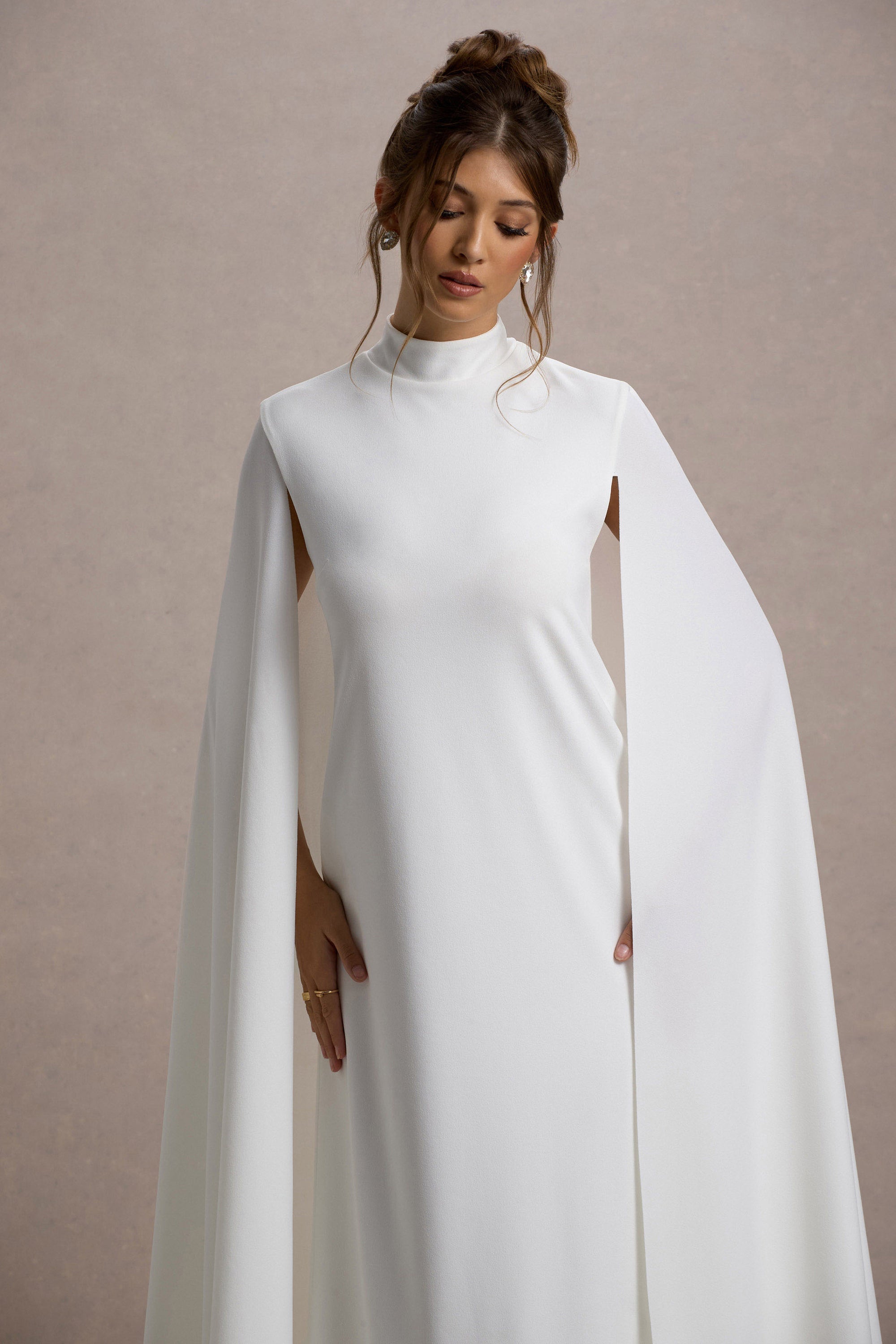 Carnation | White Long-Sleeve Midi Dress With Cape – Club L London