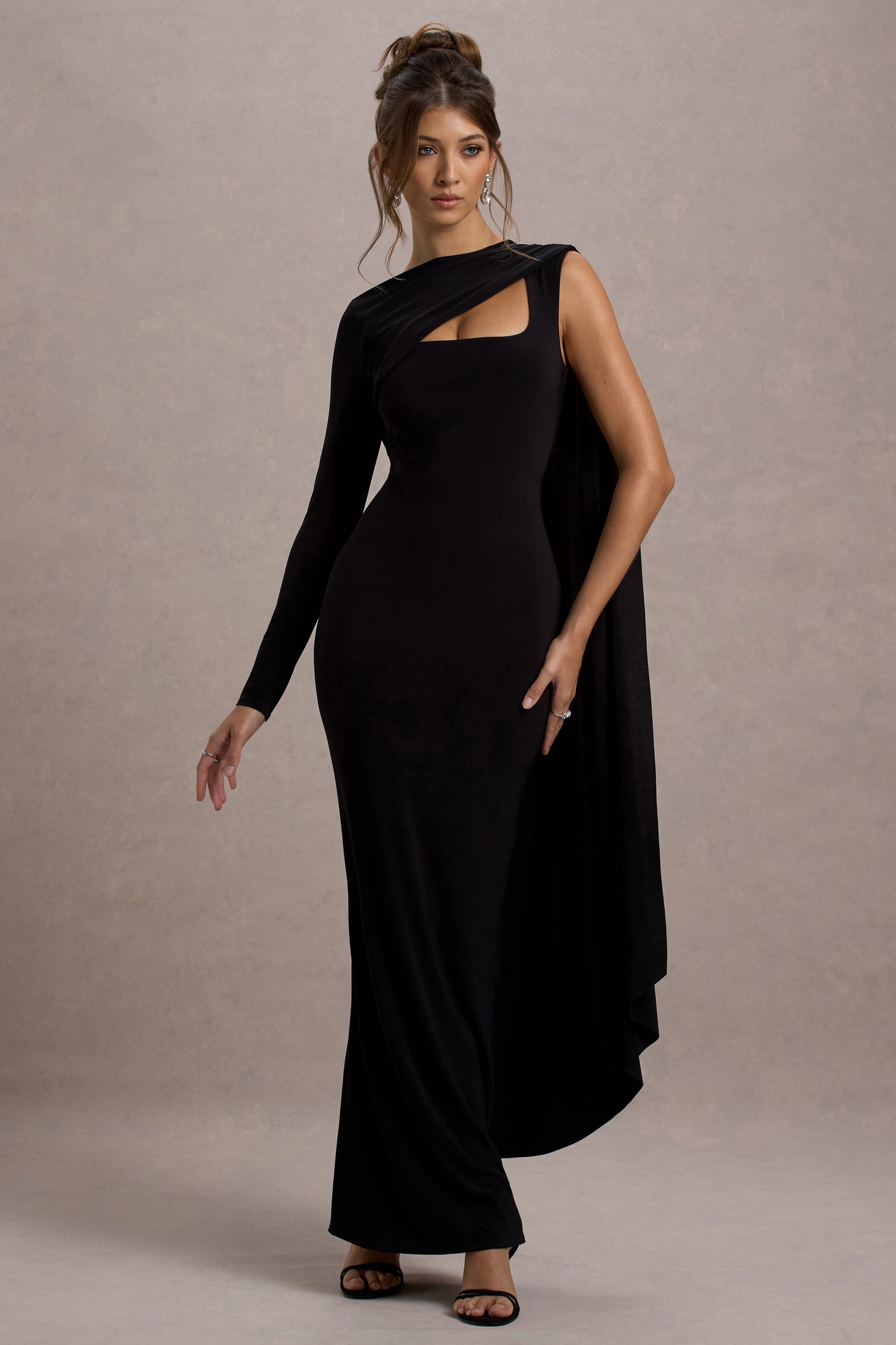 Ashini | Black One-Sleeve Maxi Dress With Cape – Club L London - USA